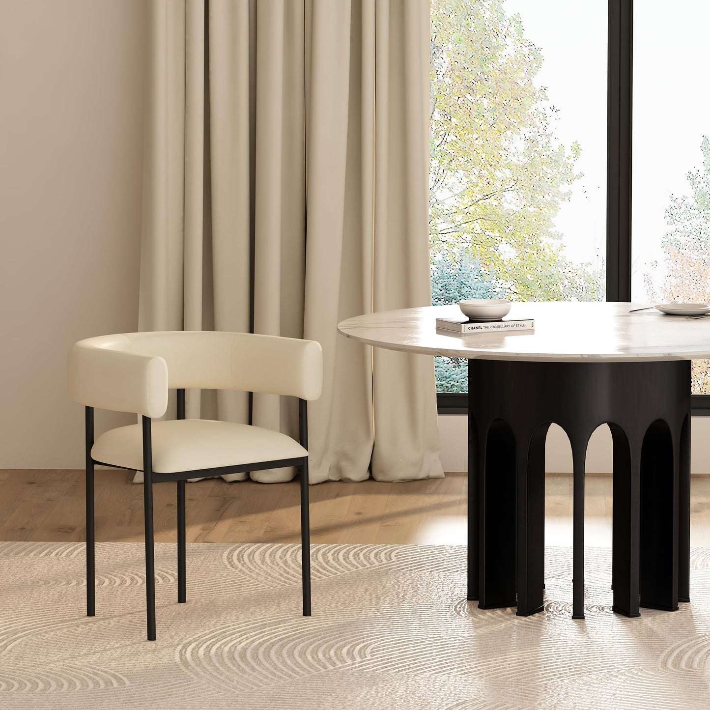 Manhattan Comfort Onda Dining Chair Upholstered in Vegan Leather, Metal Frame with Wraparound Backrest, Modern Seating for Kitchen Counter and Table, Ivory