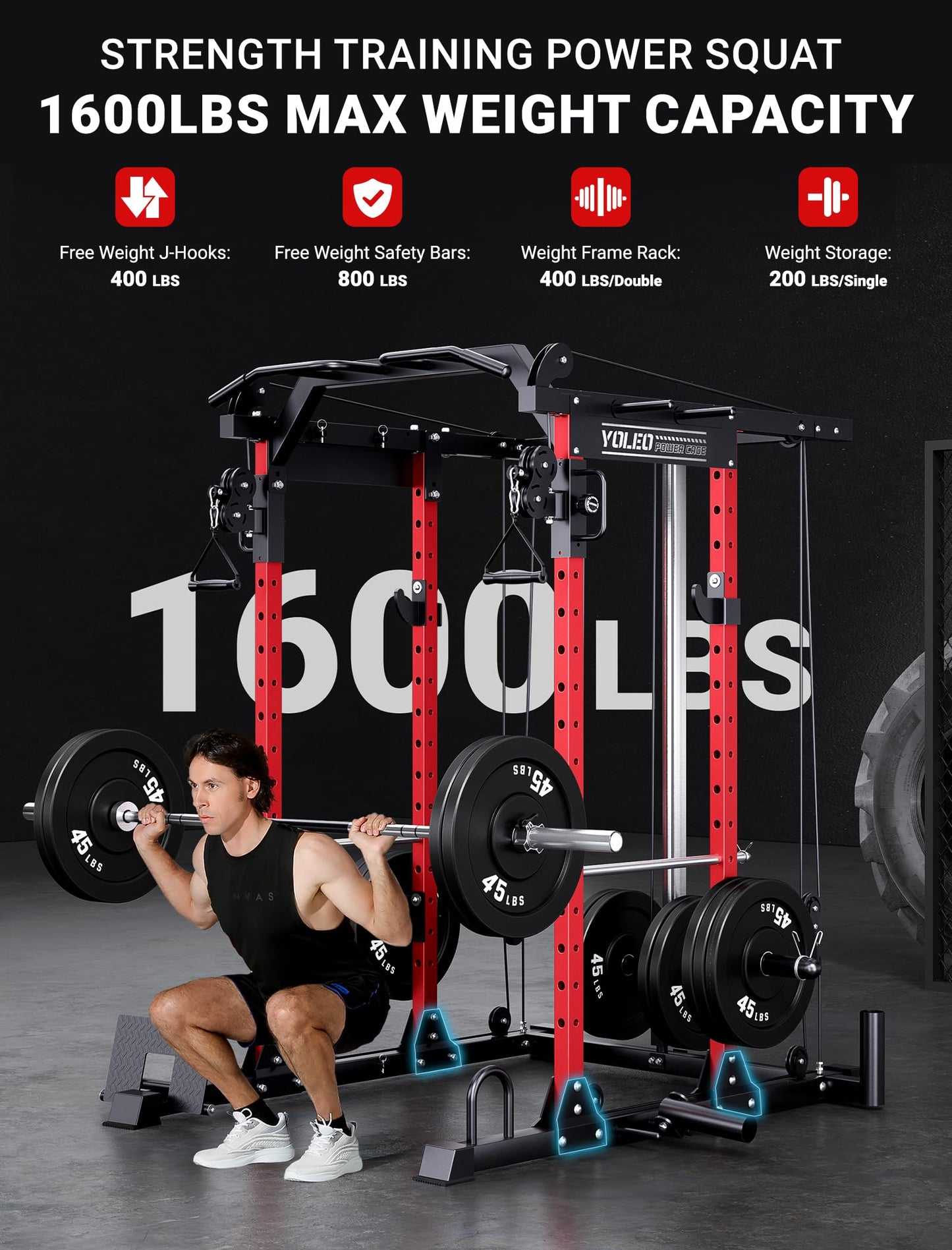 YOLEO Smooth Pulley System Power Cage, Adjustable Cable Crossover Power Rack, Multi-Functional Cable Machine for Home Gym (Power Cage)