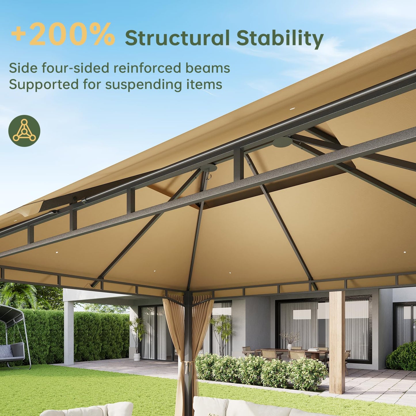 Aoxun 12x10 Gazebo with Double Roof & Mosquito Netting Outdoor Heavy-Duty Party Tent, Patio Tent with Zipper Screens - Backyard Garden Lawn Shelter Includes Wind Ropes Expansion Bolts, Beige