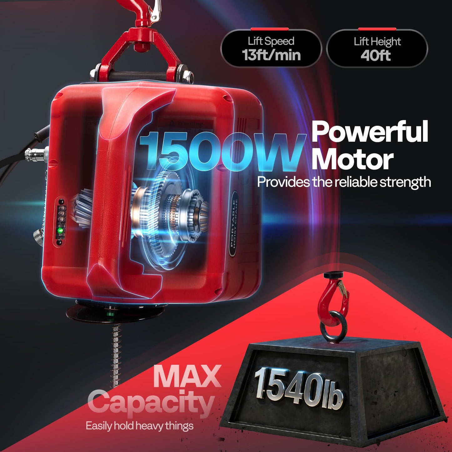 VIVOHOME 3-in-1 Electric Hoist Winch 1540lbs, 40ft Lifting Height for Towing
