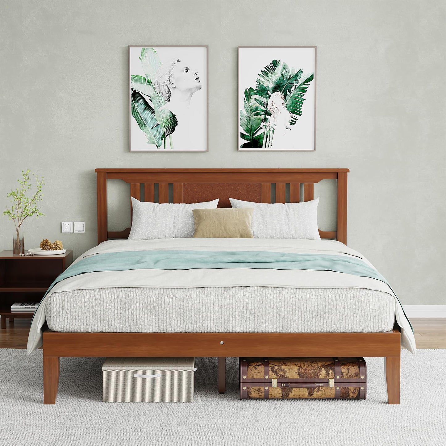 OLIXIS Queen Bed Frame with Headboard, Suitable for Bedroom Furniture, Sturdy Solid Wood Slat Support, Up to 800 lbs, No Box Spring Needed, Easy Assembly, Platform Beds