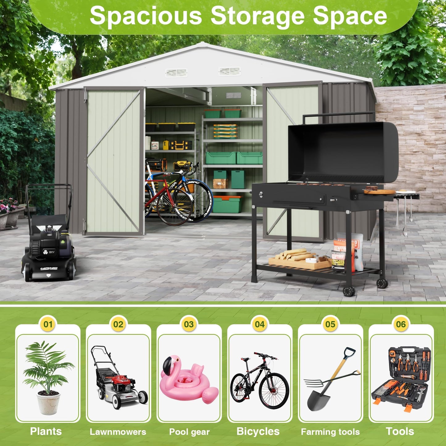 JUMMICO 10 x 10 FT Outdoor Storage Shed, Large Metal Garden Shed & Tool Sheds for Backyard Garden Patio Lawn (Grey)