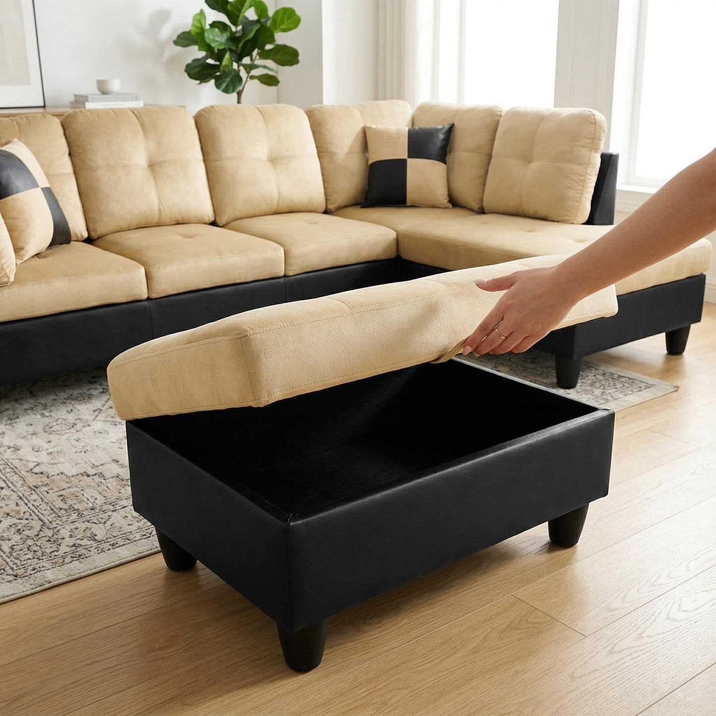 NicBex Sectional Couch 3 Pieces Sofa Set, L-Shaped Modular Couches for Living Room, Furniture Sets with Lounge Chaise & Storage Ottoman, Multi-Scene Use for Apartment & Office, Black+White