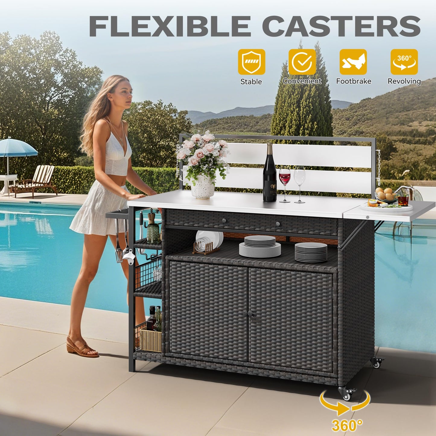DWVO XL Outdoor Bar Table & Storage Cabinet, Wheels and Stainless Steel Extended Table Top, Patio Bar Table with Side Handle for Patio Kitchen or Bar Cart, Dark Brown