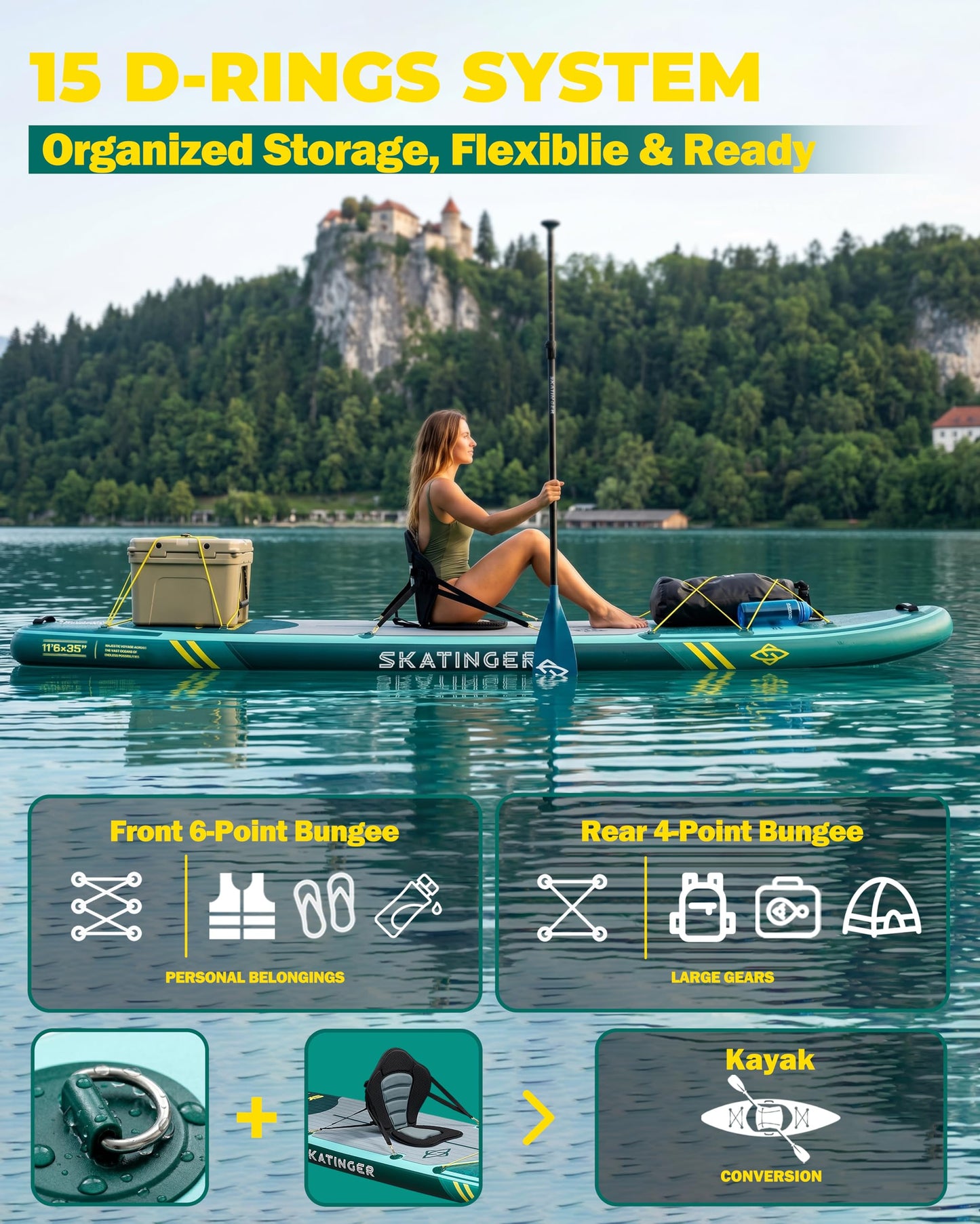 Skatinger 11'6×35" Super Wide Inflatable Paddle Board, Premium Woven Drop-Stitch Tech, 450lb/3 People/Family Paddle Board, Shoulder Strap, 100L Backpack, Ultra-Light, All-Round Sup Board