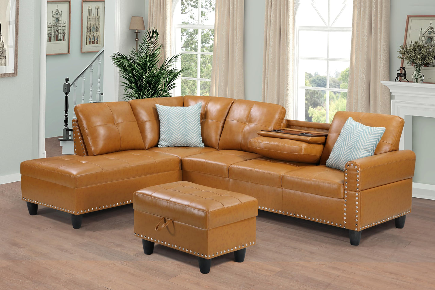 Favfurish 98" L Shaped Sectional Sofa Set with Storage Ottoman Reversible Back Cushion Cupholders,Faux Leather Upholstered Modular Couch for Living Room,Office,Home Furniture,Ginger