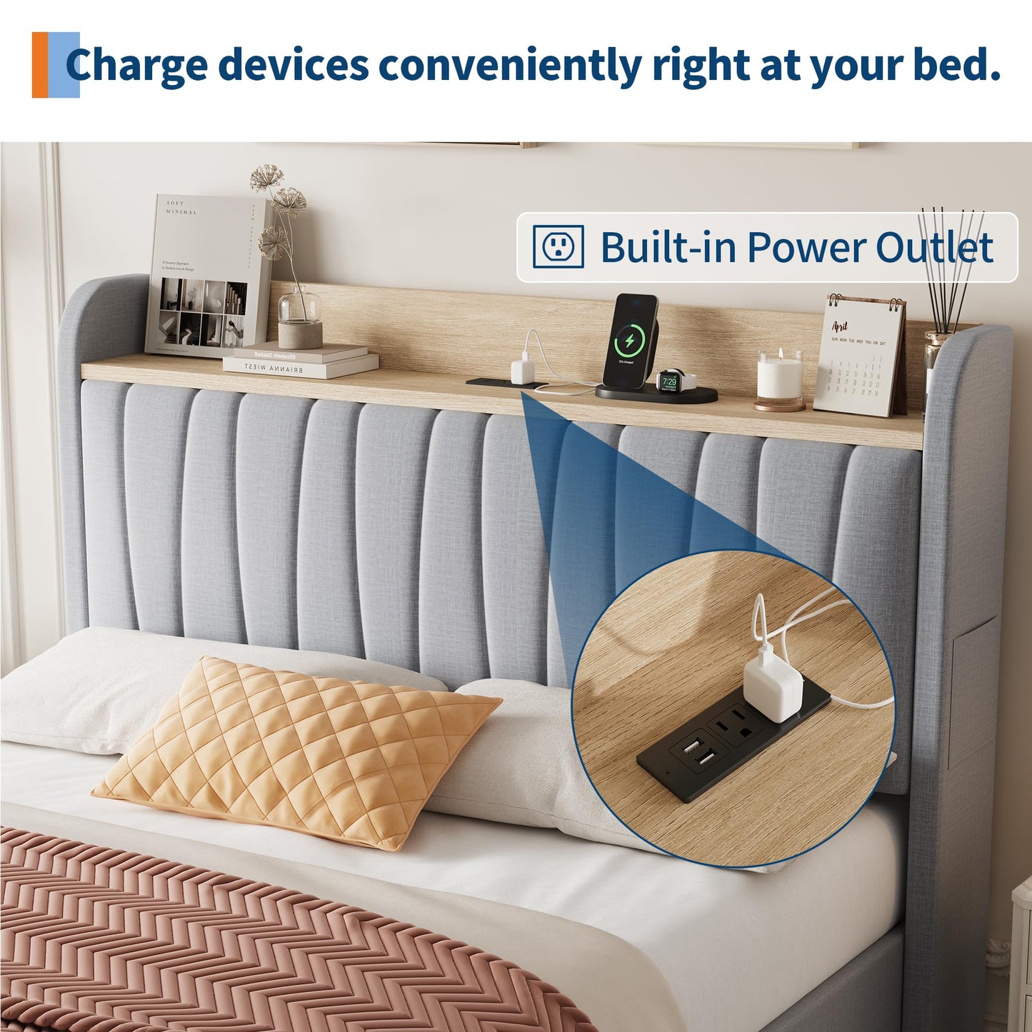 Garvee Queen Upholstered Platform Bed Frame with Storage Headboard, Drawers, Built-in Charging Station, Sturdy & Noise-Free, No Box Spring Needed, Easy Assembly, Grey