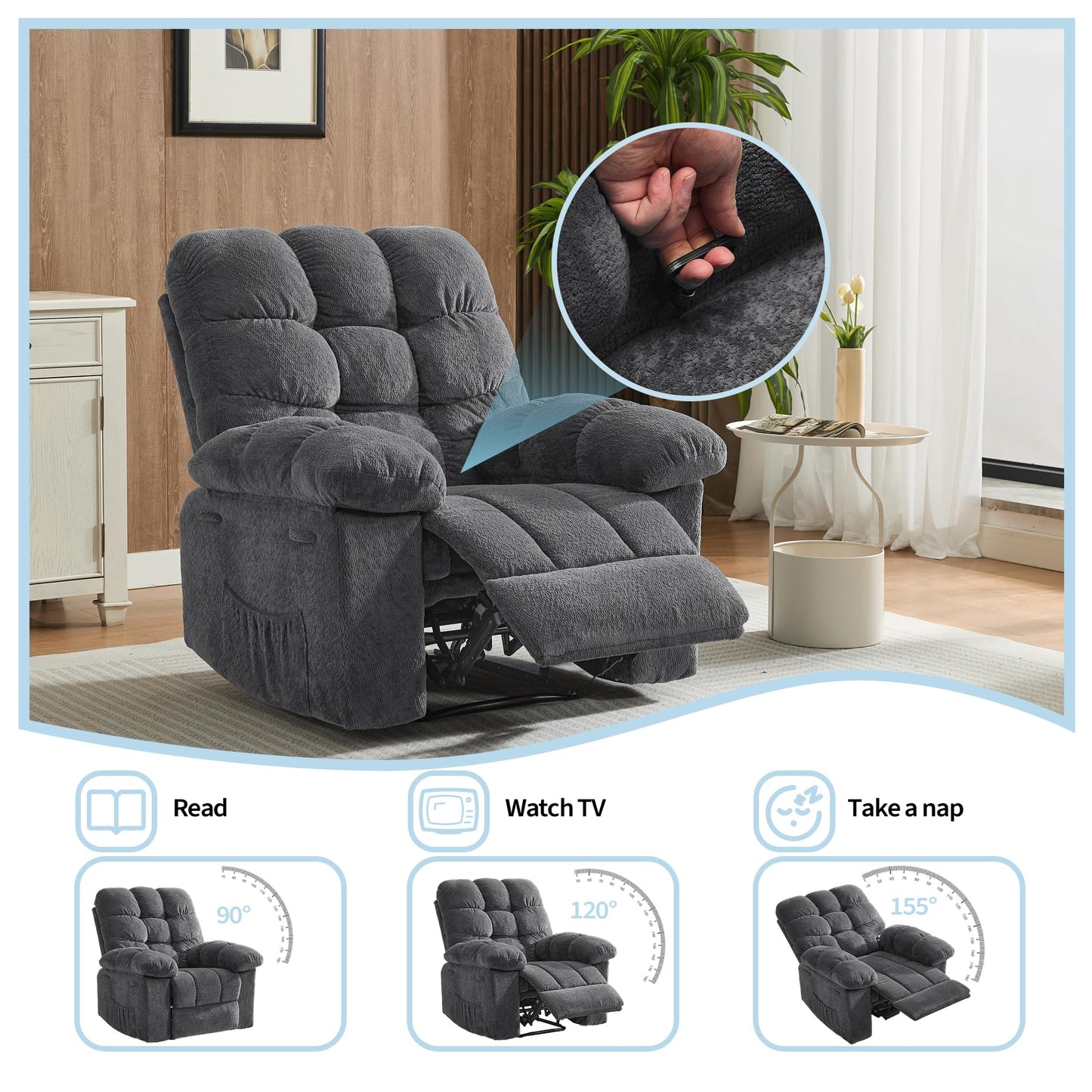 21.2'' Manual Recliner Chair,Ergonomic Overstuffed Breathable Fabric Reclining Chair with Side Pockets,Q235 Steel Frame Lazy Boy Recliner Single Sofa for Living Room Bedroom