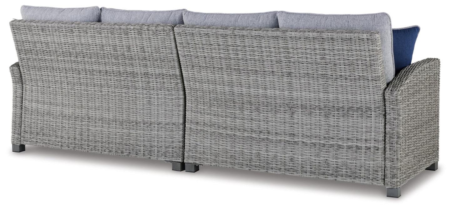 Signature Design by Ashley Naples Beach Casual Outdoor Right and Left-arm Facing Loveseat with Cushion and 4 Throw Pillows, Set of 2, Nuvella Weather Resistant Fabric, Light Gray
