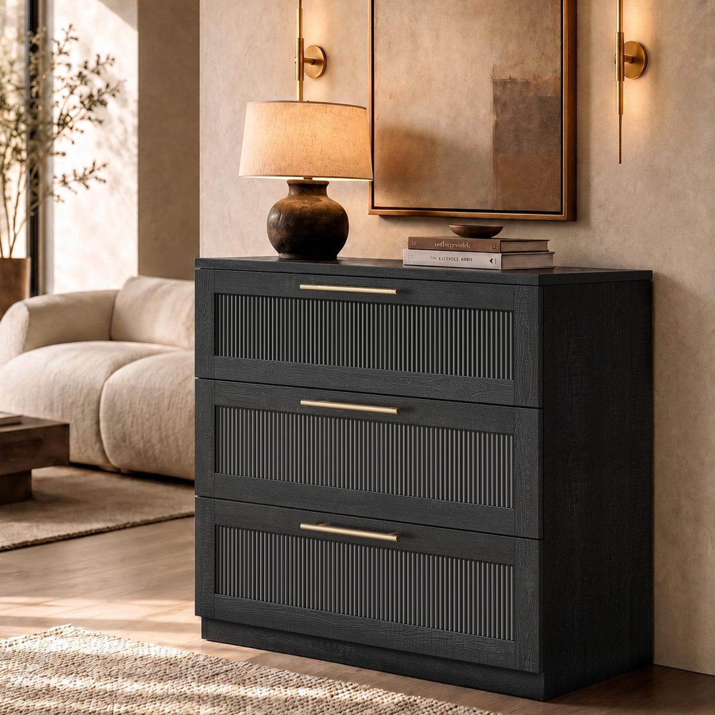 ModernMate 3 Drawer Dresser for Bedroom, Black Wood Grain Wide Nightstand and Chest of Drawers with Wave-Panel Front, 31" Tall Modular Storage Cabinet for Living Room