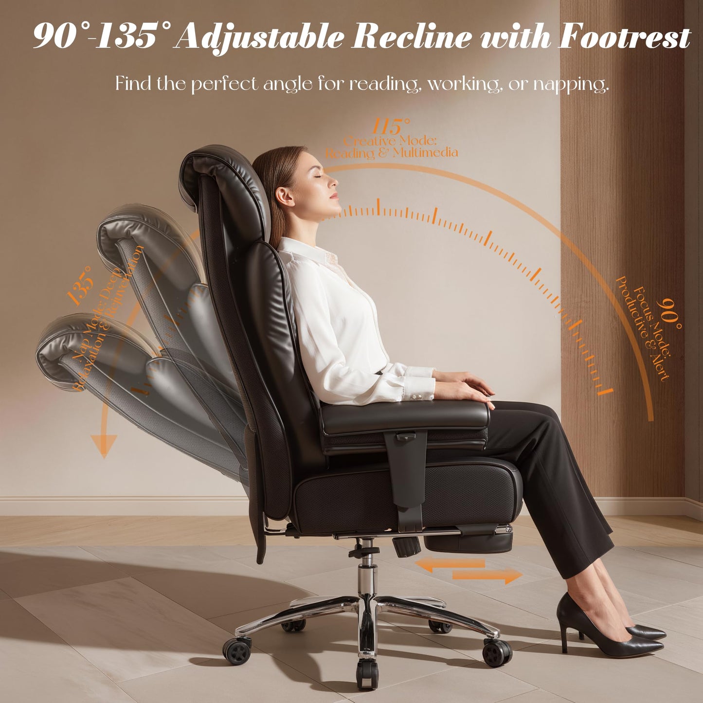 Efomao Big and Tall Office Chair 400 lbs Capacity, Oversized Executive Desk Chair with Footrest, Extra Wide 23" Seat, High Back Ergonomic PU Leather Home Office Chair， Black