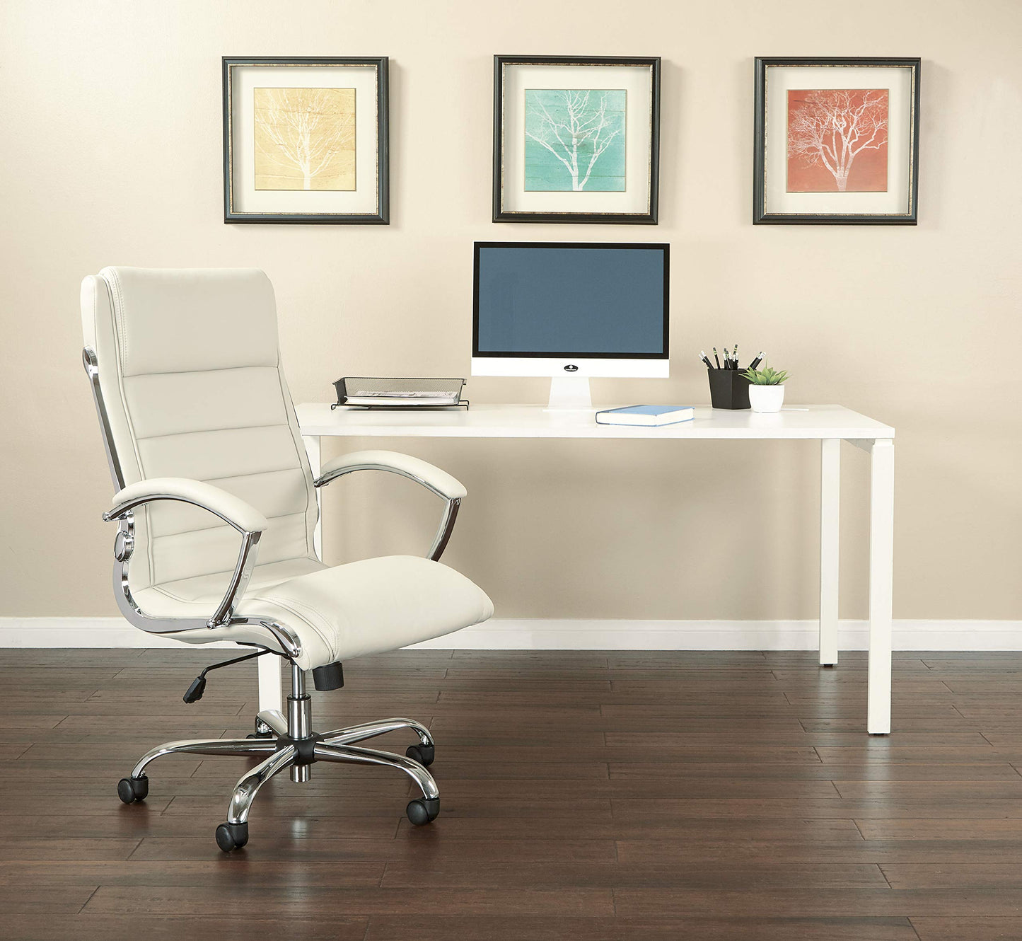 Office Star FL Series Faux Leather Adjustable Executive Office Chair with Padded Arms and Chrome Finish Accents, Cream