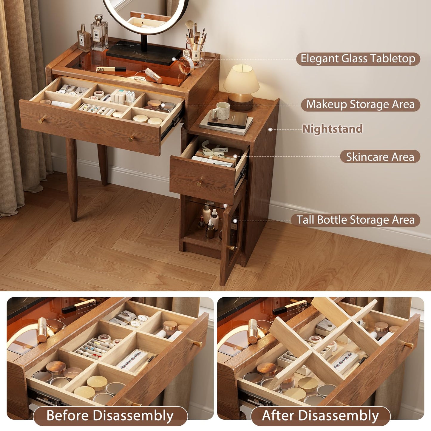 Luxury 100% Solid Wood Vanity Desk with Mirror, Mid-Century Modern Makeup Table with Glass Top & Ambient Light, 2-in-1 Vanity and Nightstand with Storage Cabinet for Bedroom ([Walnut] Desk + Mirror)