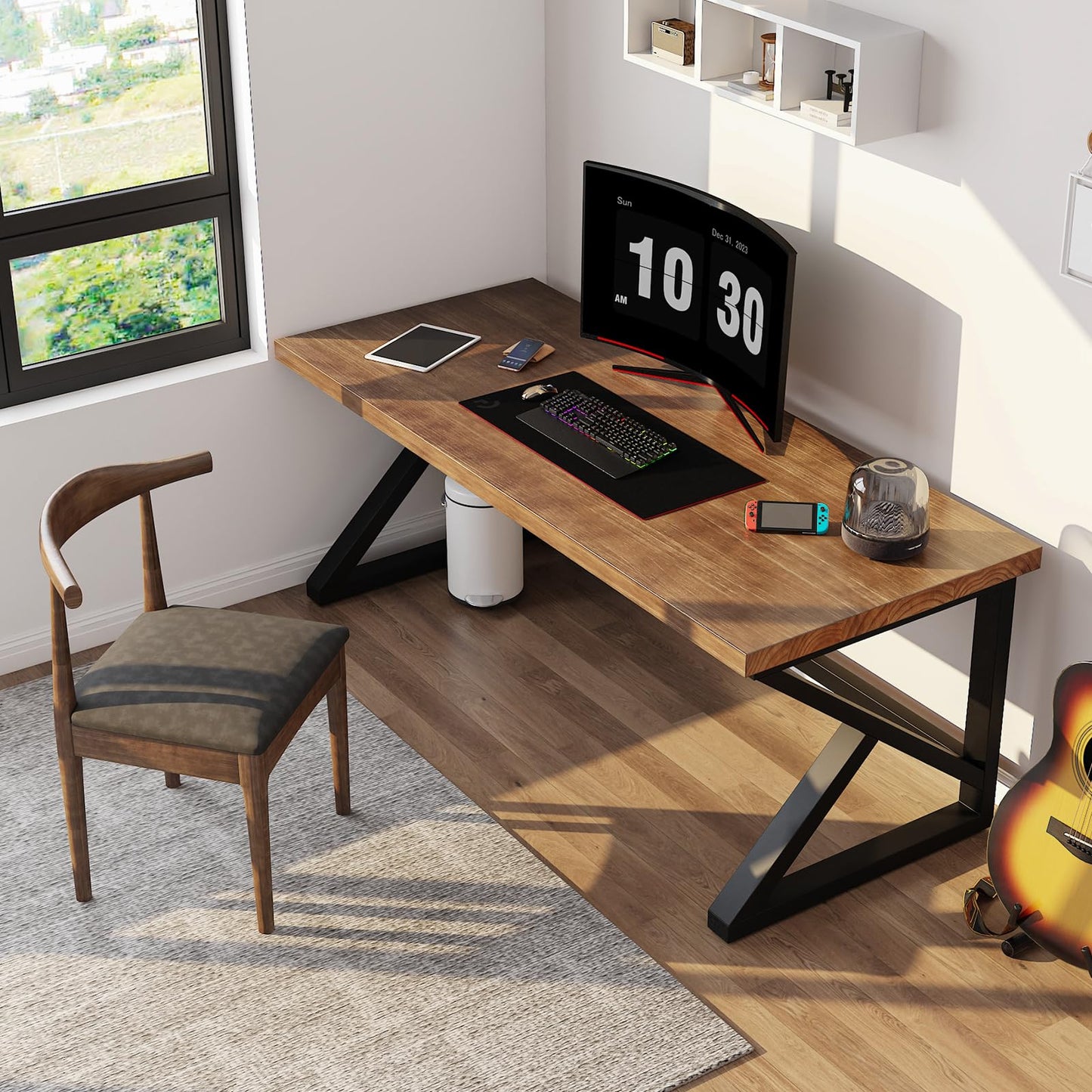 QZYJKJ 55inch Solid Wood Computer Desk,Large Office Desk Home Simple Modern Long Desk Study Writing Desk Dining Table for Home Office