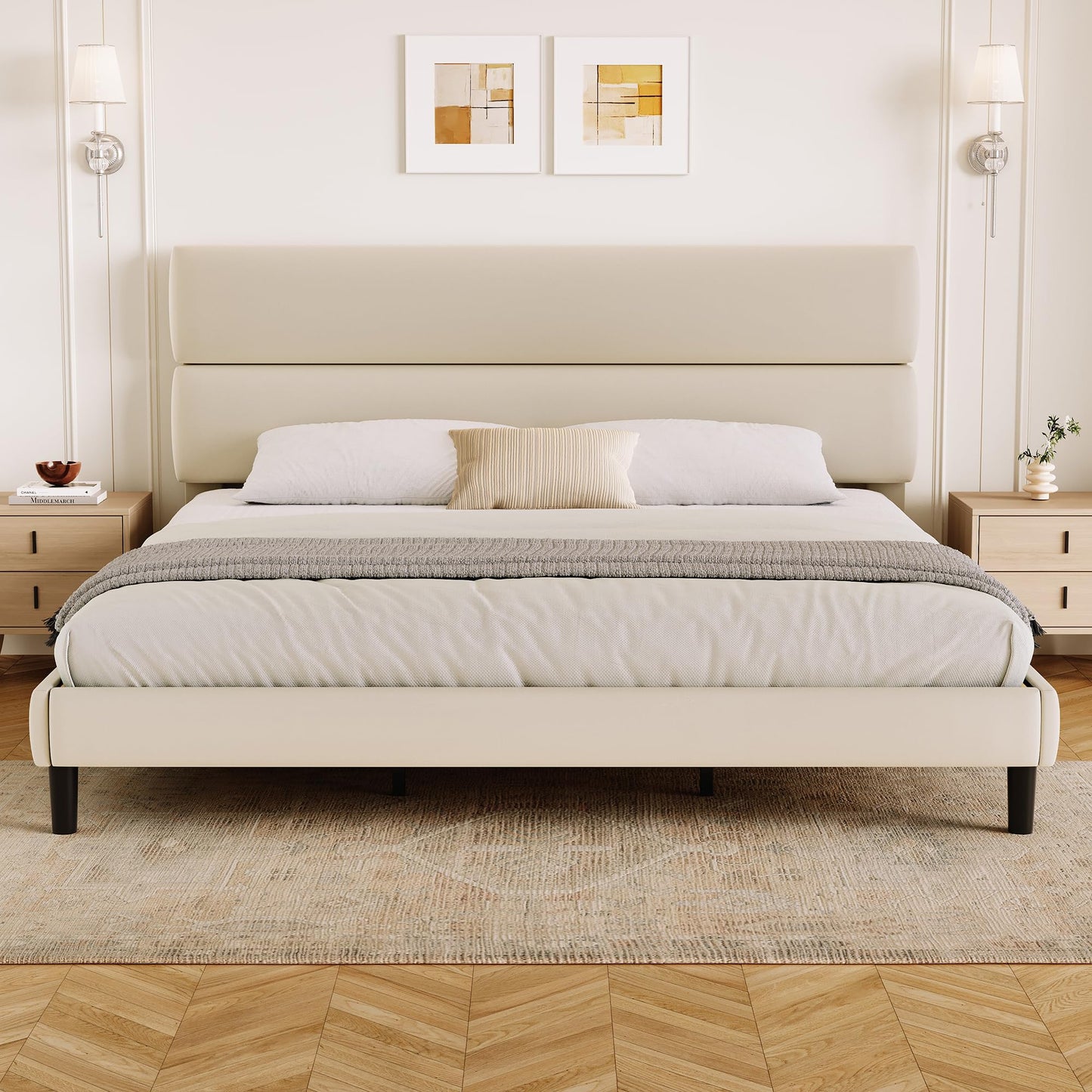 GRUSIGN King Size Platform Bed Frame with Velvet Headboard, Adjustable Height Wooden Slats Support, Upholstered Mattress Foundation, Fits Mattress or Mattress with Box Spring, Easy Assembly, Beige
