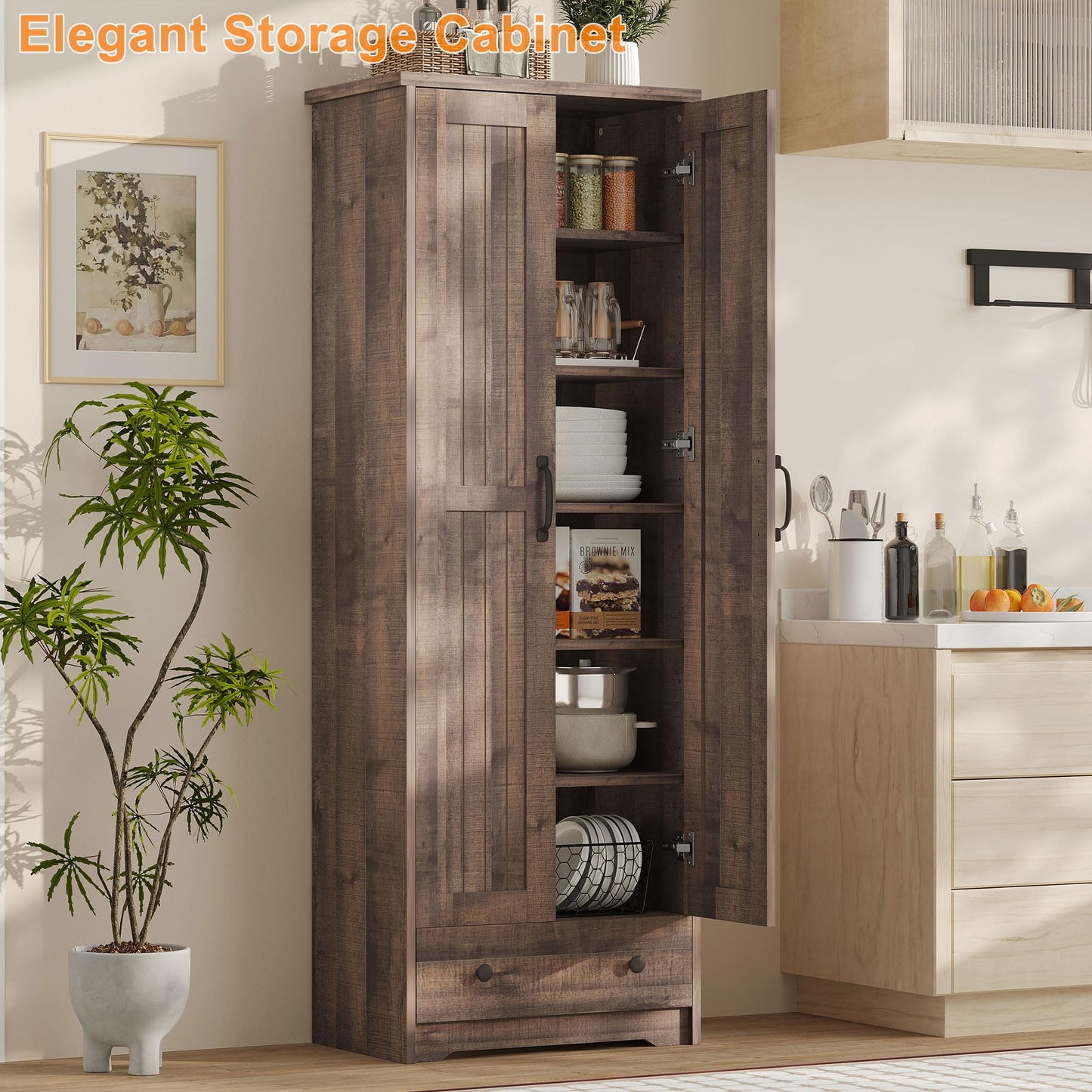Decofy 70" Tall Storage Cabinets, Large Wood Storage Pantry Cabinet with 6 Adjustable Shelves, 2 Striped Doors & Drawer, Standing Utility Cabinet for Kitchen, Bathroom, Dining Room, Antique (Brown)