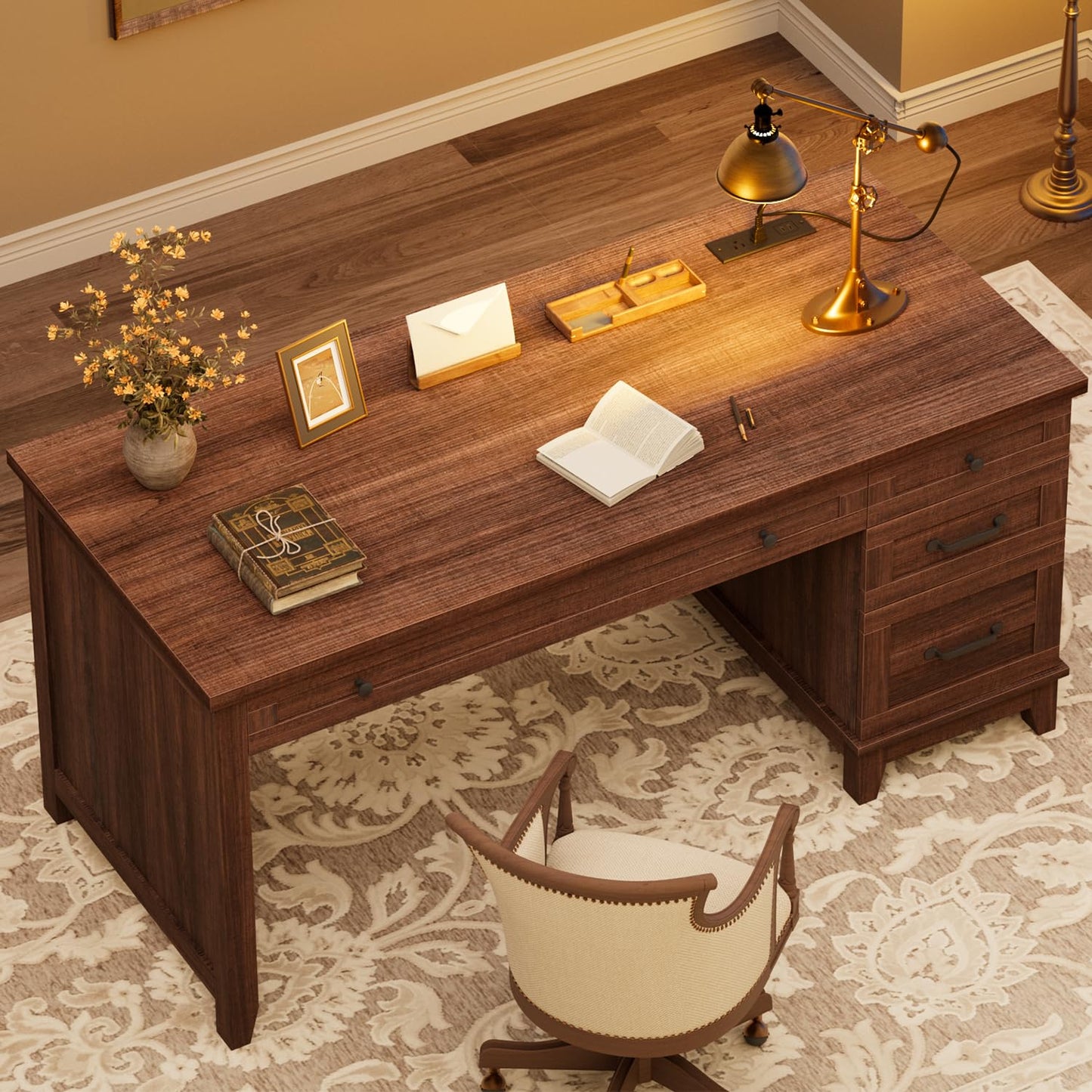 GarveeHome Executive Desk with Drawers, Farmhouse Home Office Desk with Charging Station, 53.54 in Wooden Computer Desk with File Cabinet Storage for Work Study Writing,Walunt Brown