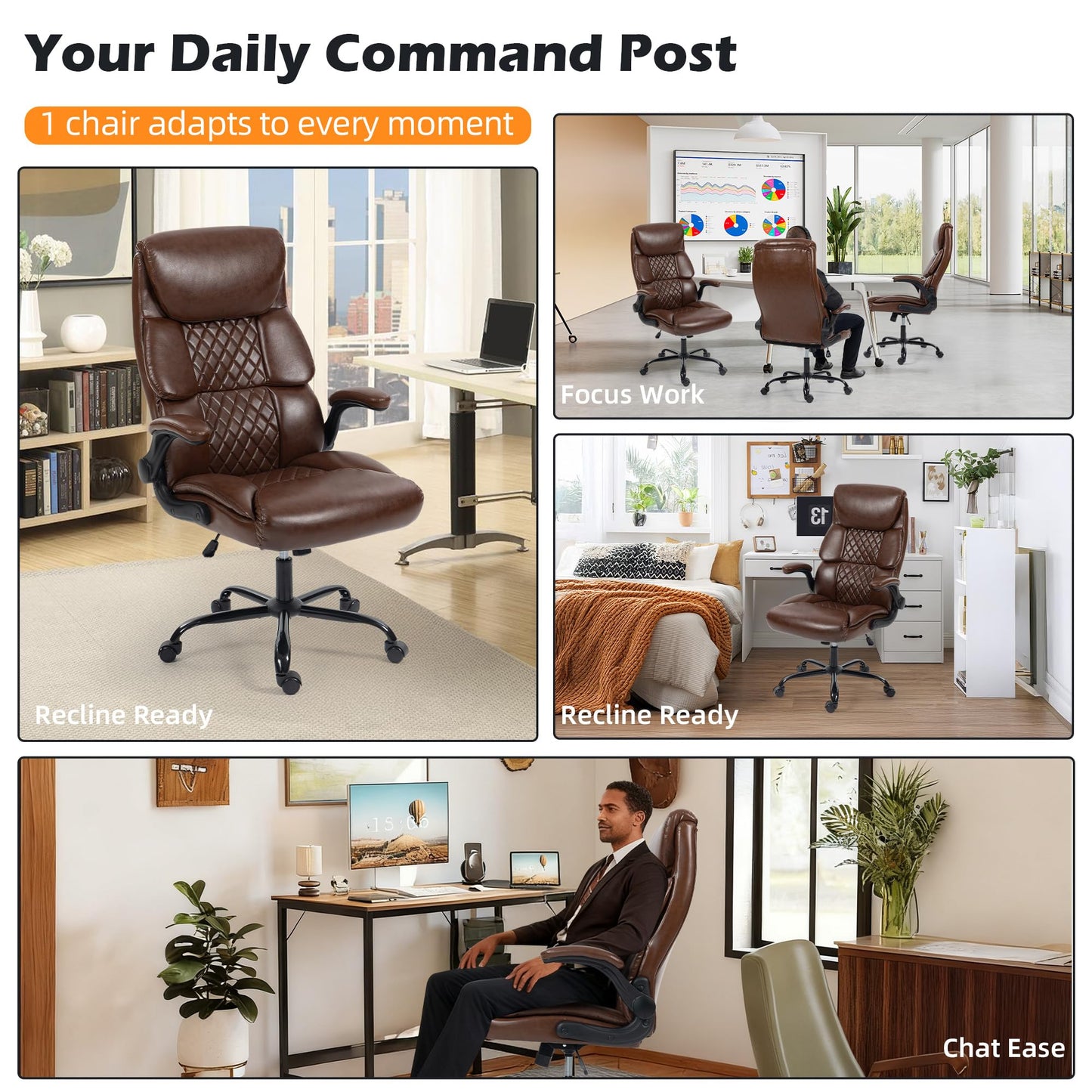 Office Chair - Ergonomic High Back Computer Desk Chair with Rocking Function & Lumbar Support - Executive Comfortable Wide Swivel Rolling Office Leather Chair with Flip-up Armrests for Home Gaming