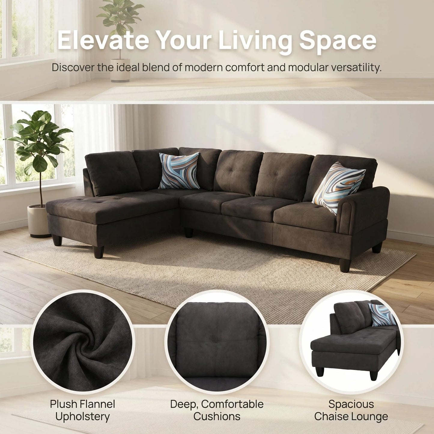 NicBex 97" L Shaped Couch Sectional Couches for Living Room, 2-Piece Modular Sofa with Movable Chaise & Deep Seat for Apartment, Bedroom, Office, Dark Brown