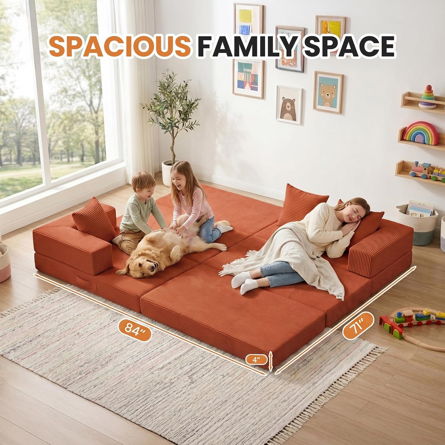 65" Modular Sectional Sofa, Boneless Convertible Sleeper Sofa Bed, Modern Tri-Folding Cloud Couch with L-Shape Chaise, Corduroy Futon Couches for Living Room Small Spaces Apartment,No Assembly, Orange