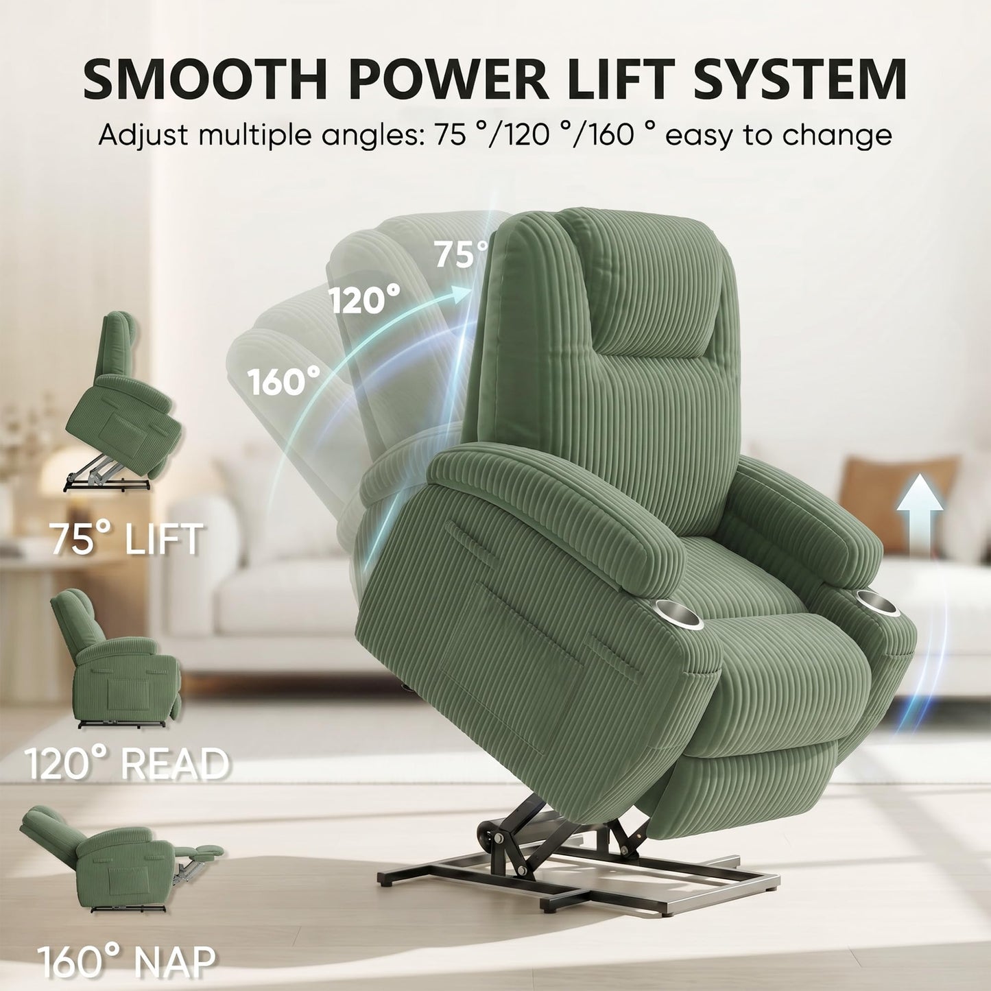 Flamaker Power Lift Chair Massage Recliner Chairs for Elderly, Corduroy Ergonomic Design with Cup Holders & Side Pockets, Remote Control (Green)