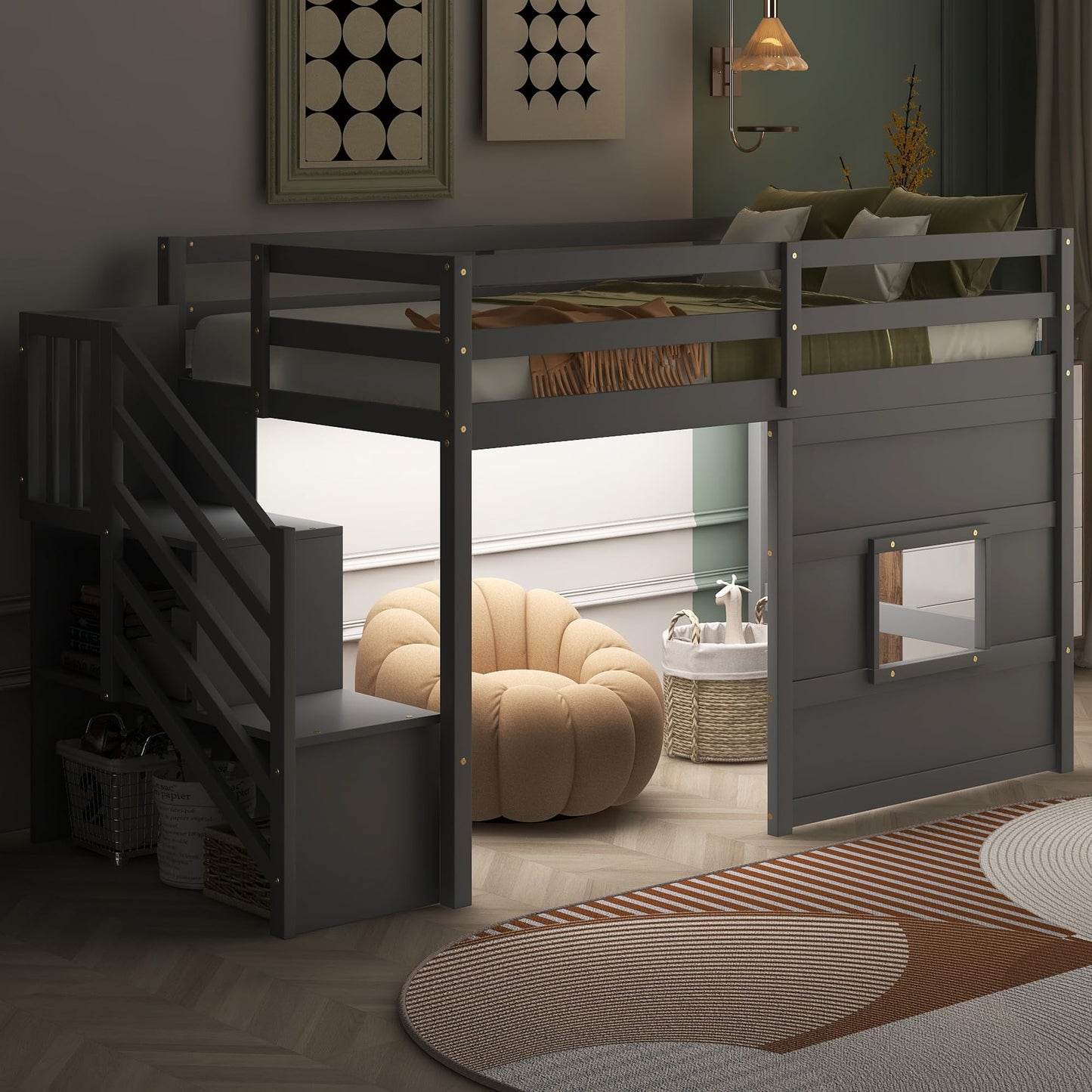 Merax Twin Size Loft Bed with Storage Staircase, Solid Wood Loft Bed Frame with LED Light and Safety Guardrail, Under-Bed Play Space, Playhouse Beds for Kids, Boys, Girls,Grey