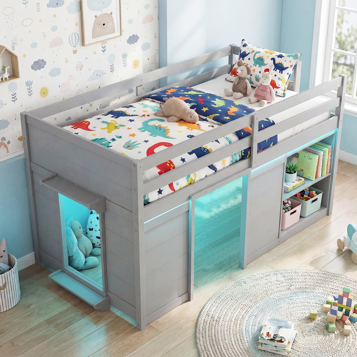Giantex Loft Bed Twin Size with LED Lights, Wooden Low Bed Frames for Kids w/2 Doors, Under-Bed Play Space & Storage Bookcase, Modern Bedframe with Ladder & Safety Guardrail for Boys Girls (Grey)