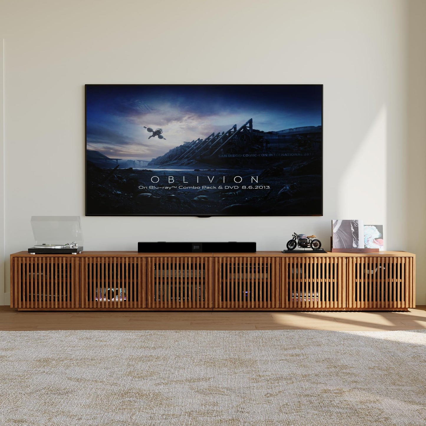 POVISON Full Assembled Mid Century Modern TV Stand, 118” Extra-Large Entertainment Center for 100 inch TV, Wood Slatted TV Media Console with Storage for Living Room Bedroom