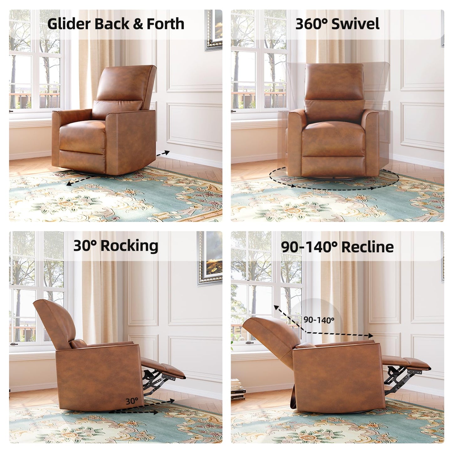 GAOMON Swivel Rocking Recliner Chair, Manual Leather Recliner Glider with Lumbar Support & Padded Armrest, Comfortable Rocker Nursery Single Sofa for Living Room and Bedroom (Brown)