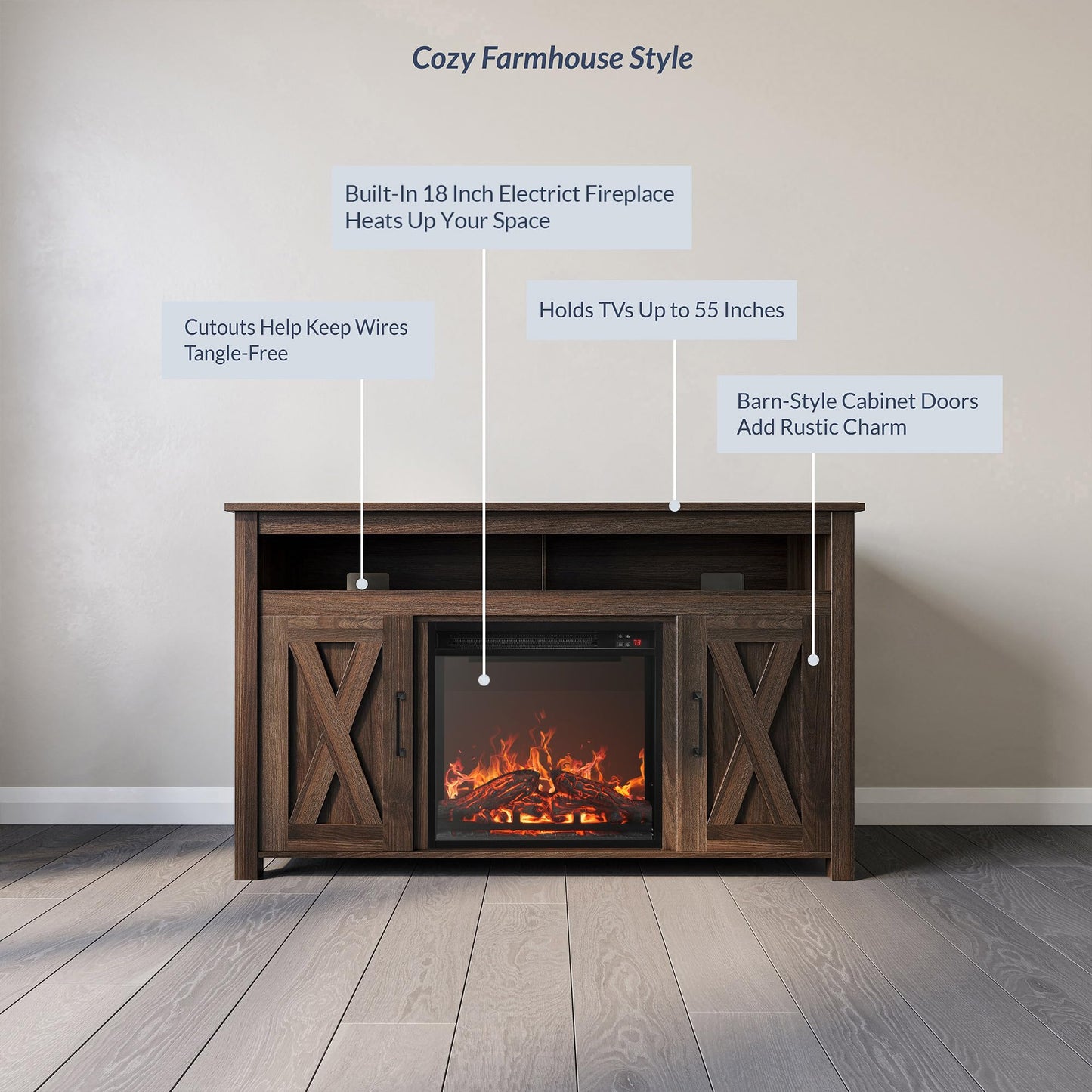 BELLEZE Modern 48" Barn Door Wood TV Stand with 18" Electric Fireplace Heater & Media Entertainment Center Console Table for TV up to 50" with Two Open Shelves and Cabinets - Corin (Dark Walnut)