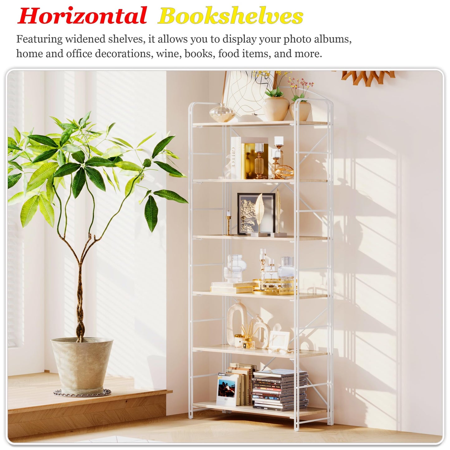 UDD Folding Bookshelf No Assembly, 65" H x 23.7" W, 6 Shelf Foldable Bookcase Industrial Collapsible Bookshelves, Open Storage Book Shelves for Small Spaces Home Office Living Room, Light Oak White