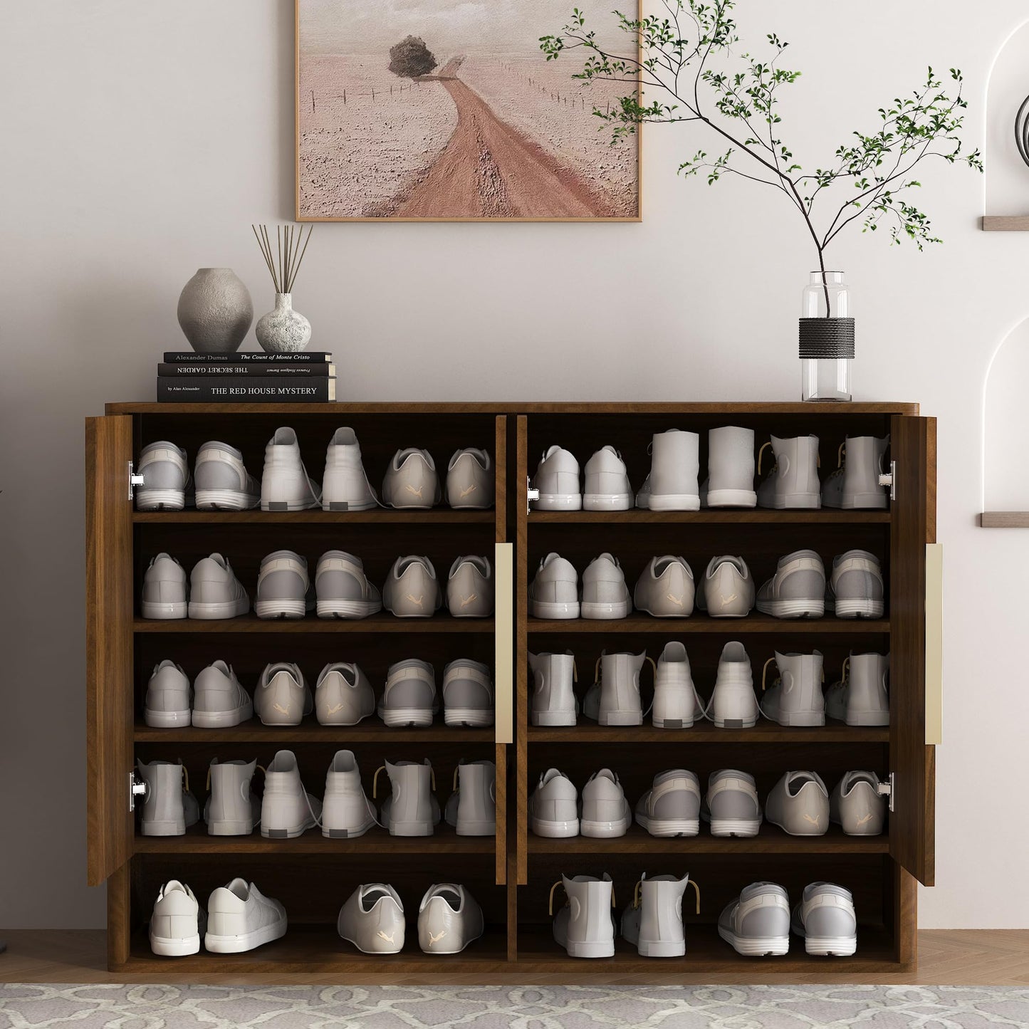 KEIKI 51.2''L Wooden Shoe Cabinet Storage for Entryway with 4 Doors, Modern Freestanding Large Organizer Shoe Cabinet with 5-Tier Adjustable Shelves for Hallway, Living Room, Walnut