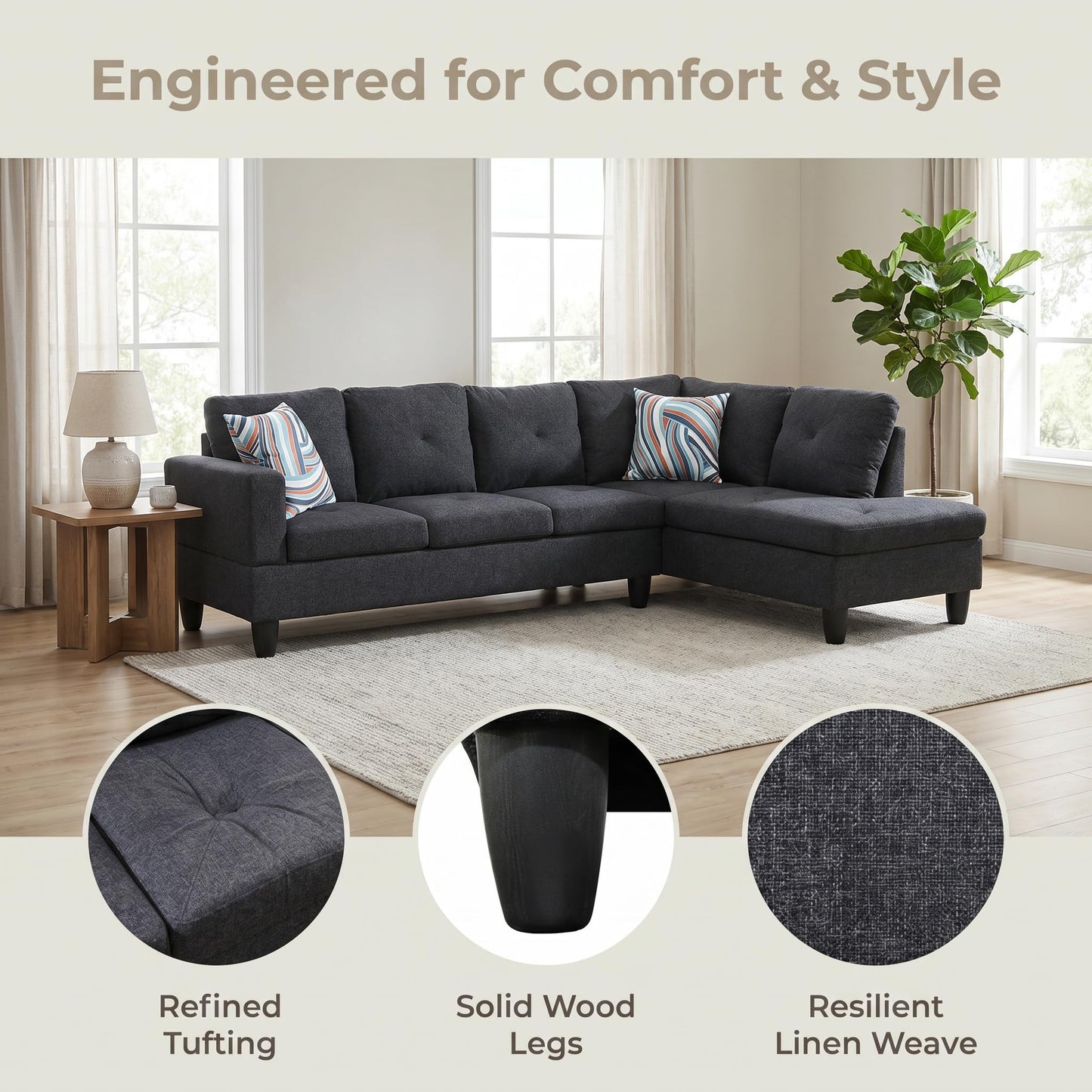 NicBex 97" L Shaped Couch Sectional Couches for Living Room, 2-Piece Linen Modular Sofa with Movable Chaise & Deep Seat for Apartment, Bedroom, Office, Black Grey