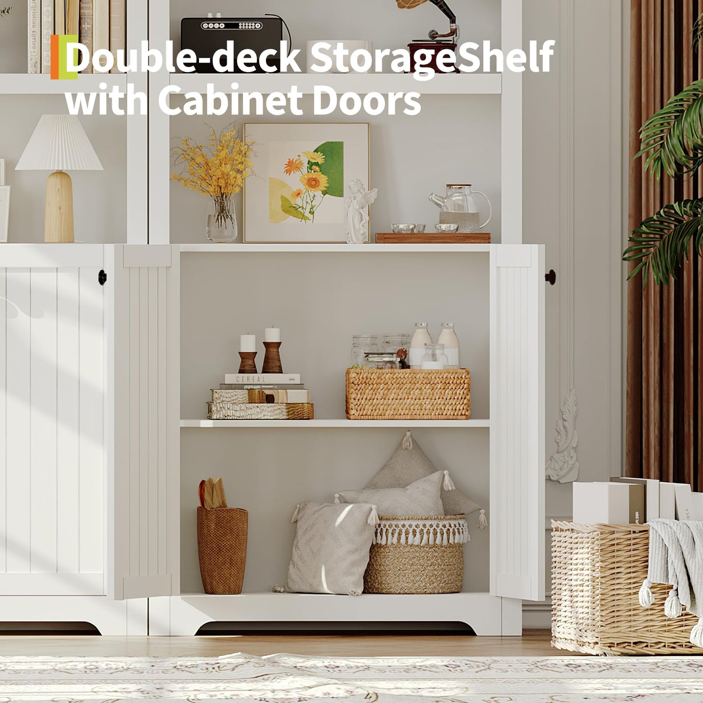 IDEALHOUSE Arched Bookcase with Doors, 72 Inch Tall Storage Bookshelf with Cabinet and Shelves, Wooden Display Bookcase for Living Room, Home Office, White with Black Handles