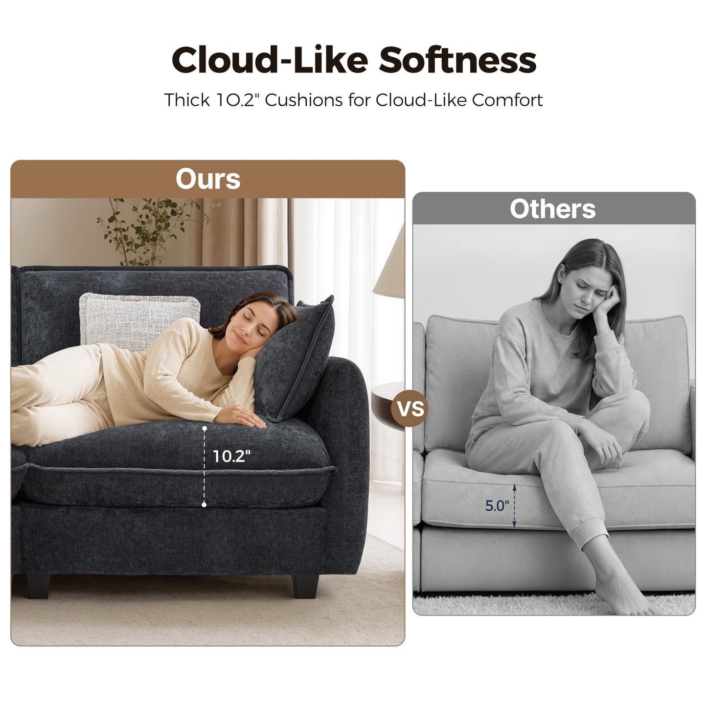 MCombo 117" Oversized Cloud Sectional Couch, Sectional Sofa with FSC Certified, L Shaped Couch with Ottoman for Living Room, Chenille S0701 (Black)
