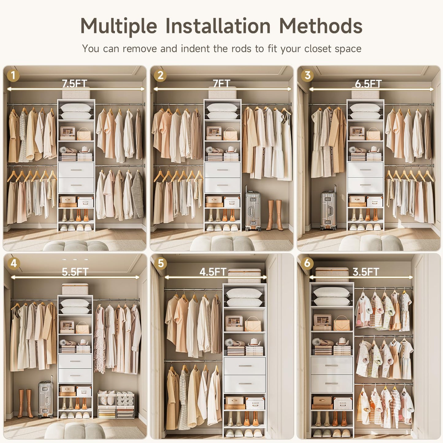 W2 Closet System with 2 Drawers, 3.5FT-7.7FT Closet Organizer System with 4 Chrome-Plated Telescopic Rods & 5 Adjustable Shelves, Custom Wood Walk-In Closet Clothing Rack, White