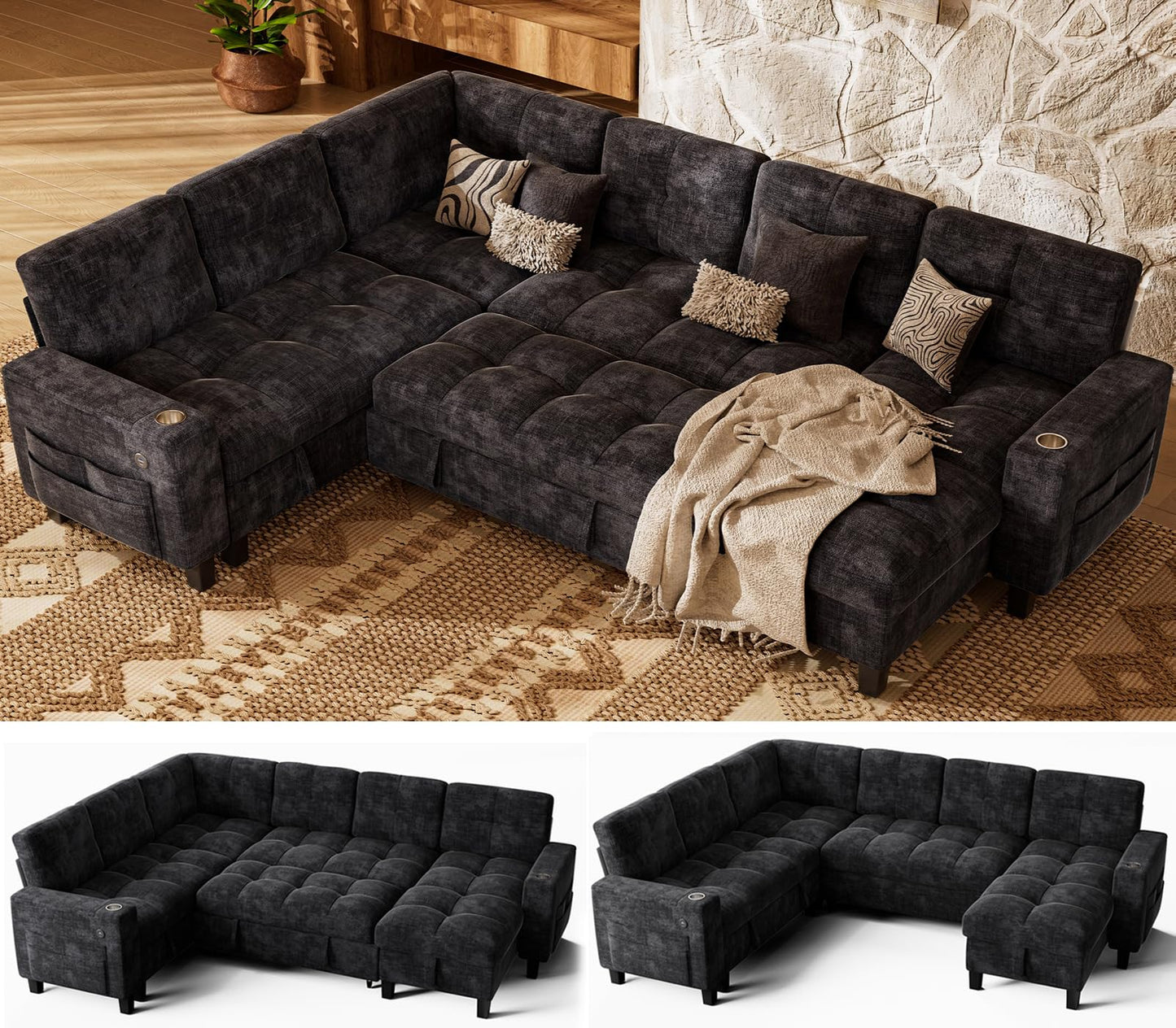 Marsail 110" Sectional Sleeper Sofa with Pull Out Bed, 7 Seat Modular Sectional Couch with Storage, USB & Cup Holders, Modern Chenille Cloud Sofa for Living Room, Dark Gray
