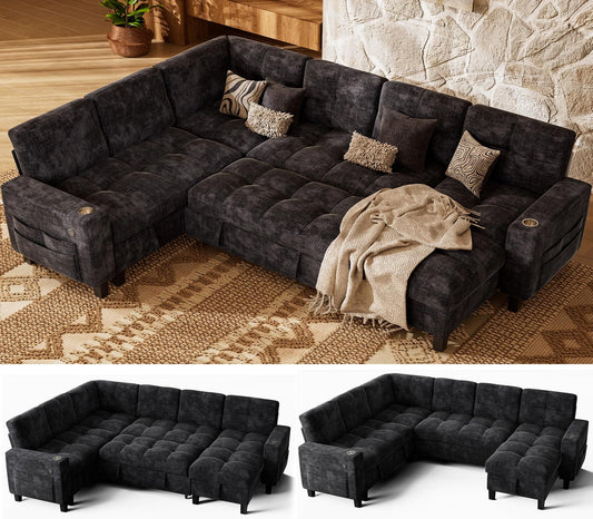 Marsail 110" Sectional Sleeper Sofa with Pull Out Bed, 7 Seat Modular Sectional Couch with Storage, USB & Cup Holders, Modern Chenille Cloud Sofa for Living Room, Dark Gray