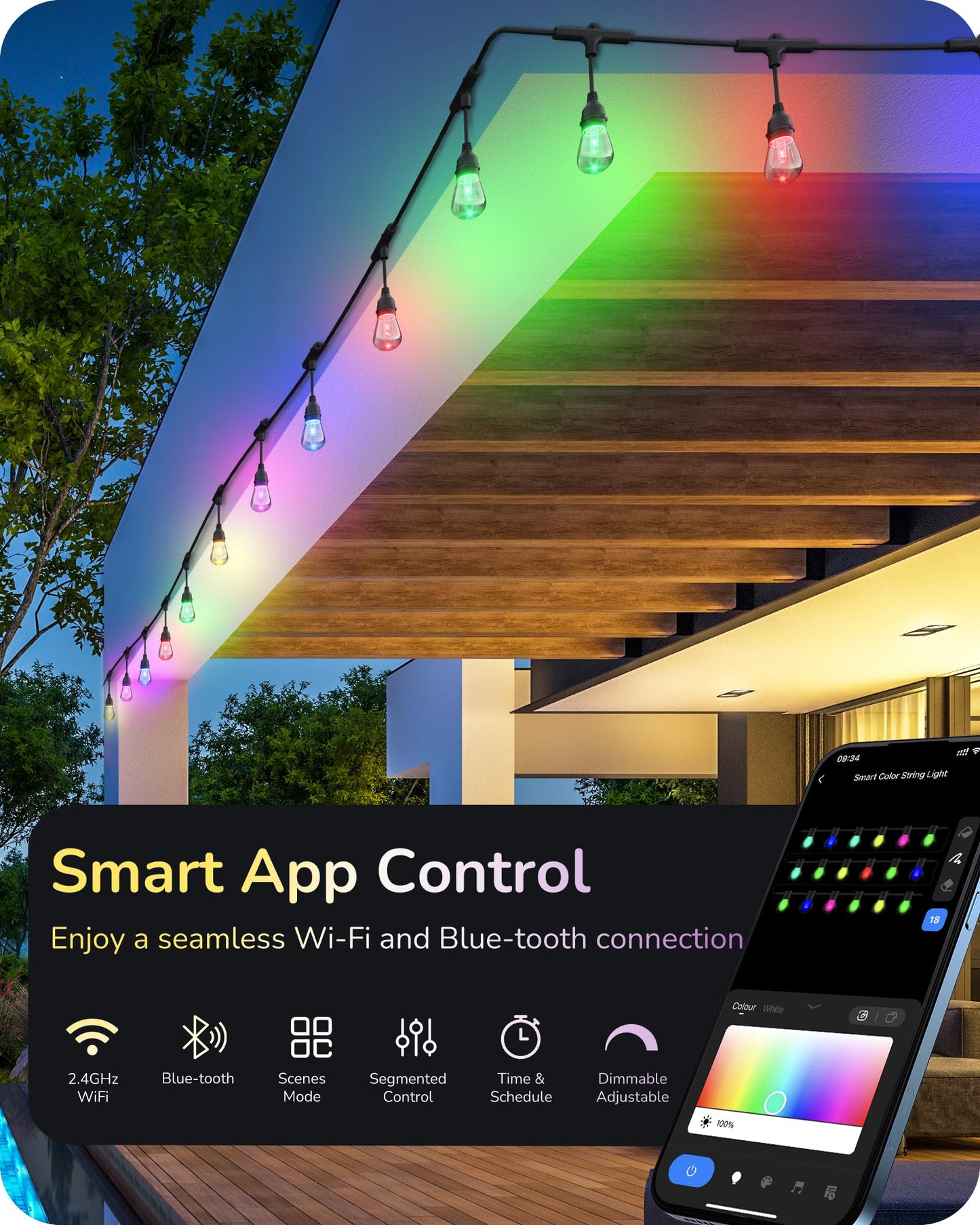 EDISHINE Smart Outdoor String Lights, 96ft, 36 RGBW LED Bulbs, APP Control, Waterproof, Multi-colored S14 Bulbs, Model YJ-312-36