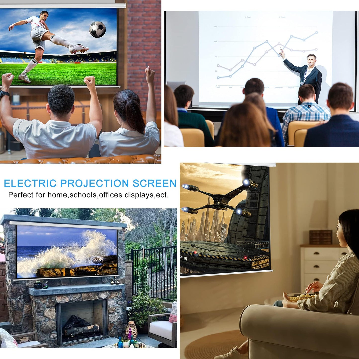 Kayle 120" Motorized Projector Screen Electric Diagonal Automatic Projection 16:9 HD Movies Screen for Home Theater Presentation Education Outdoor Indoor W/Wireless Remote, Wall/Ceiling Mount (White)