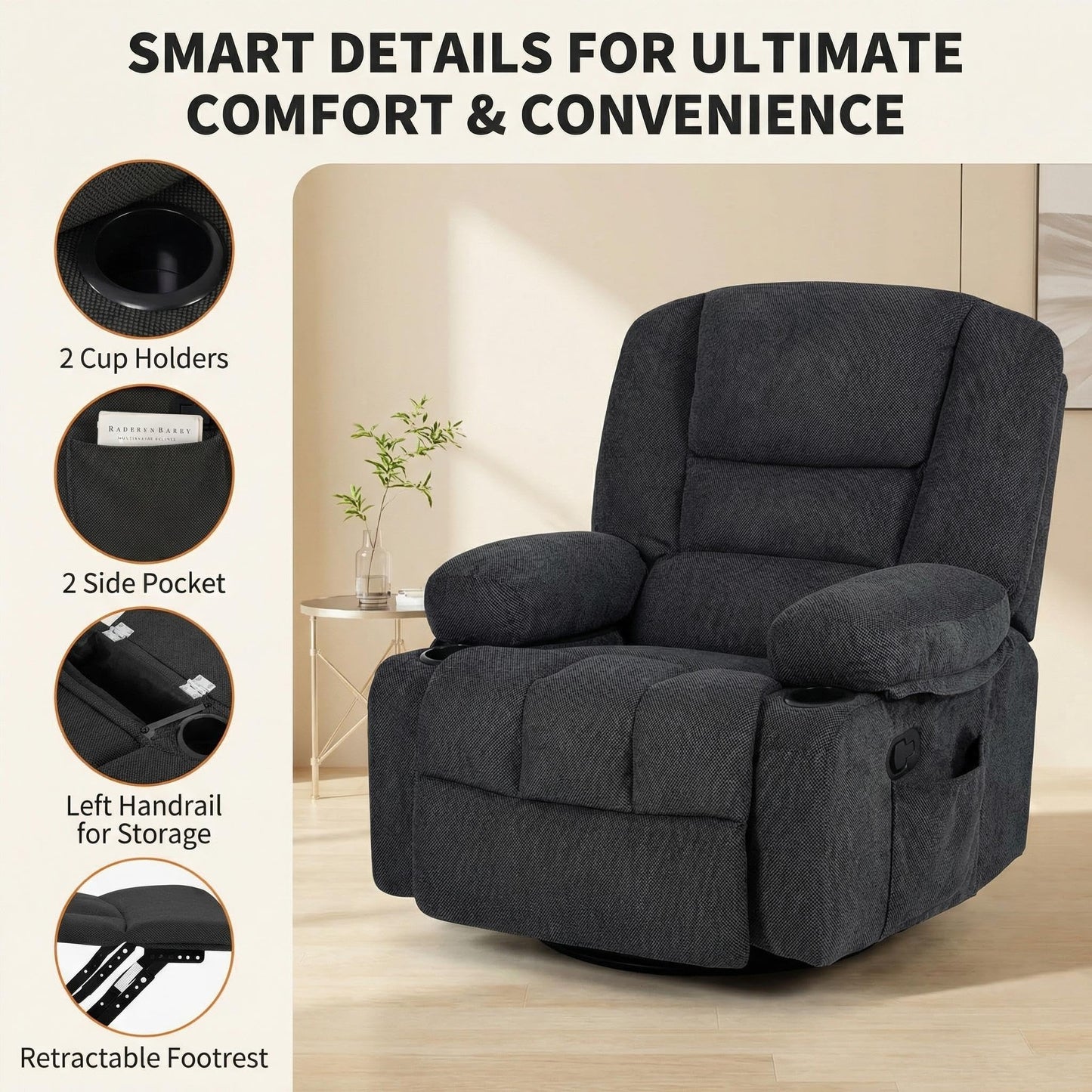 Oversized Wide Recliner Chair with Vibration Massage and Heat, 360° Swivel Recliner Glider for Adults,Chenille Fabric Manual Reclining Single Sofa with Cup Holders & Side Pockets for Living Room,Black