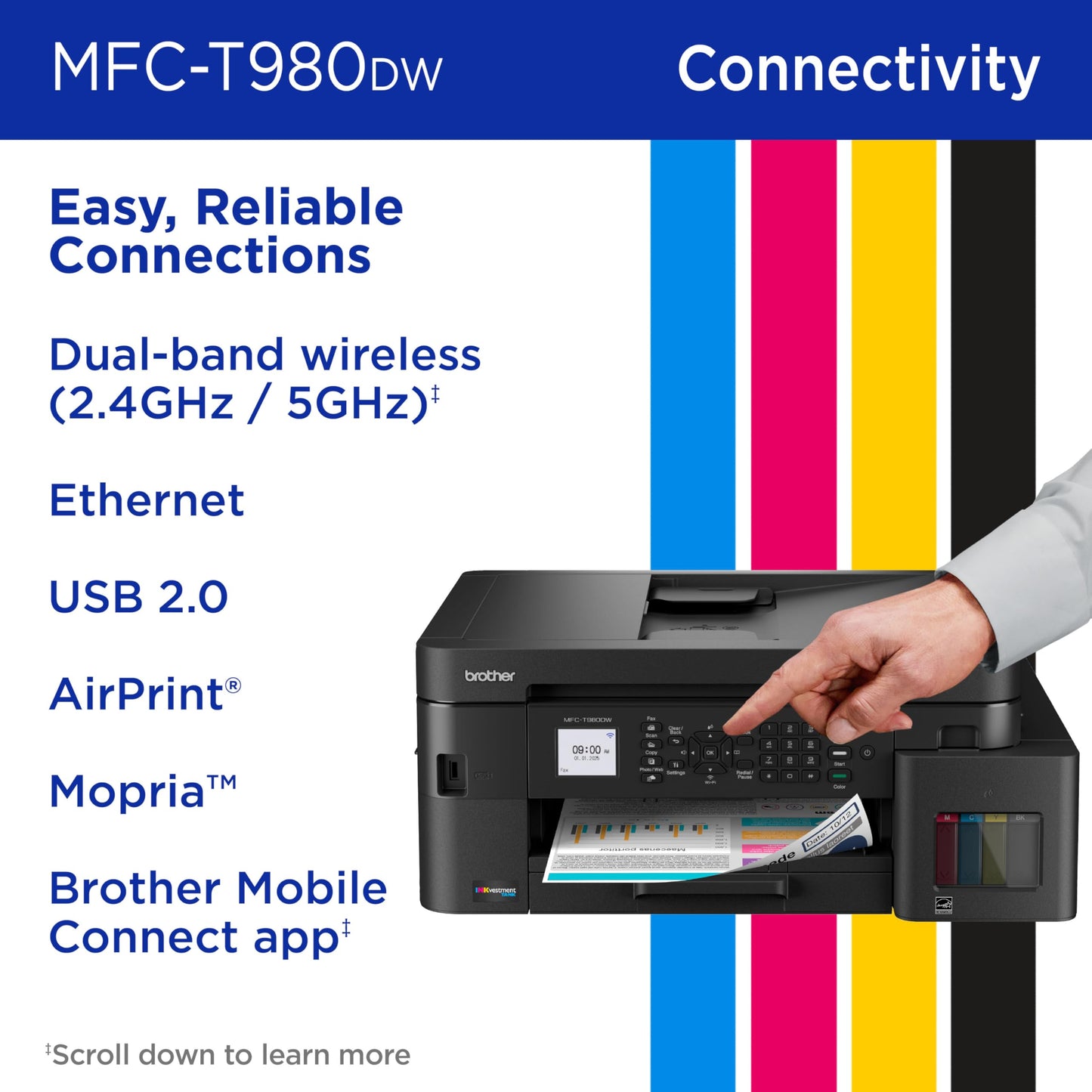 Brother INKvestment Tank 980 Wireless and Ethernet Color Inkjet All-in-One Printer with Multipurpose Tray | Includes up to 3 Years of Ink in-Box(1) and Limited Warranty(2) (MFC-T980DW)