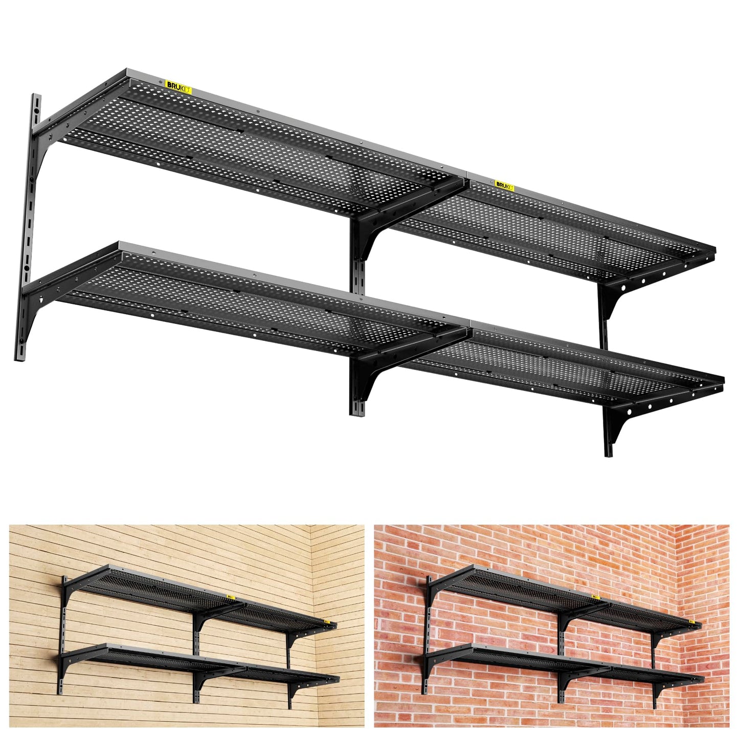 Brukid 2-Pack×2 Tier 1.3x3ft Garage Shelving Wall Mounted, 15.6x36inch per Shelf Height Cassette Adjustable Floating Shelves（Total 4pcs）(Black)