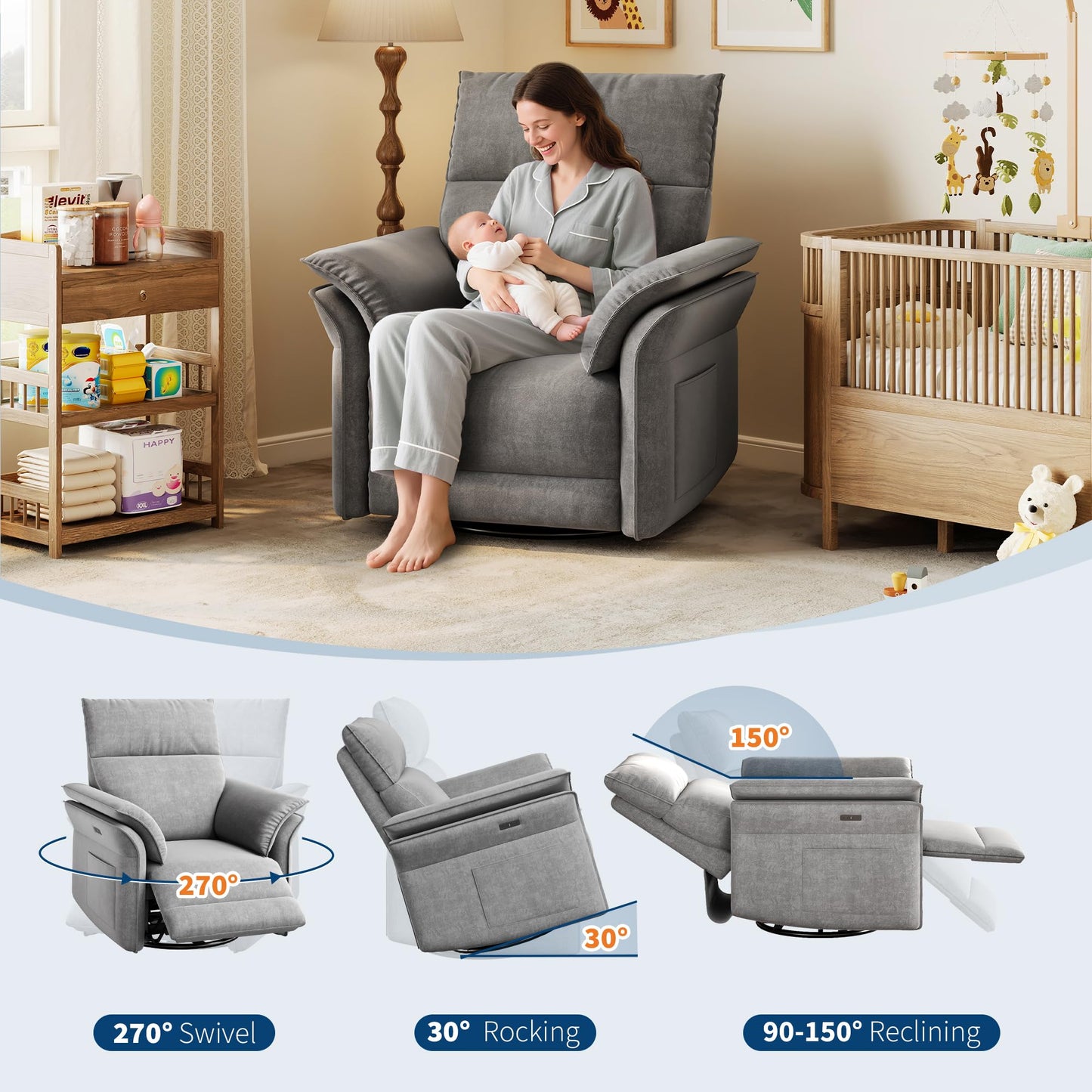 GAOMON Swivel Rocking Recliner Chair, Manual Leather Recliner Glider with Lumbar Support & Padded Armrest, Comfortable Rocker Nursery Single Sofa for Living Room and Bedroom (Light Gray)
