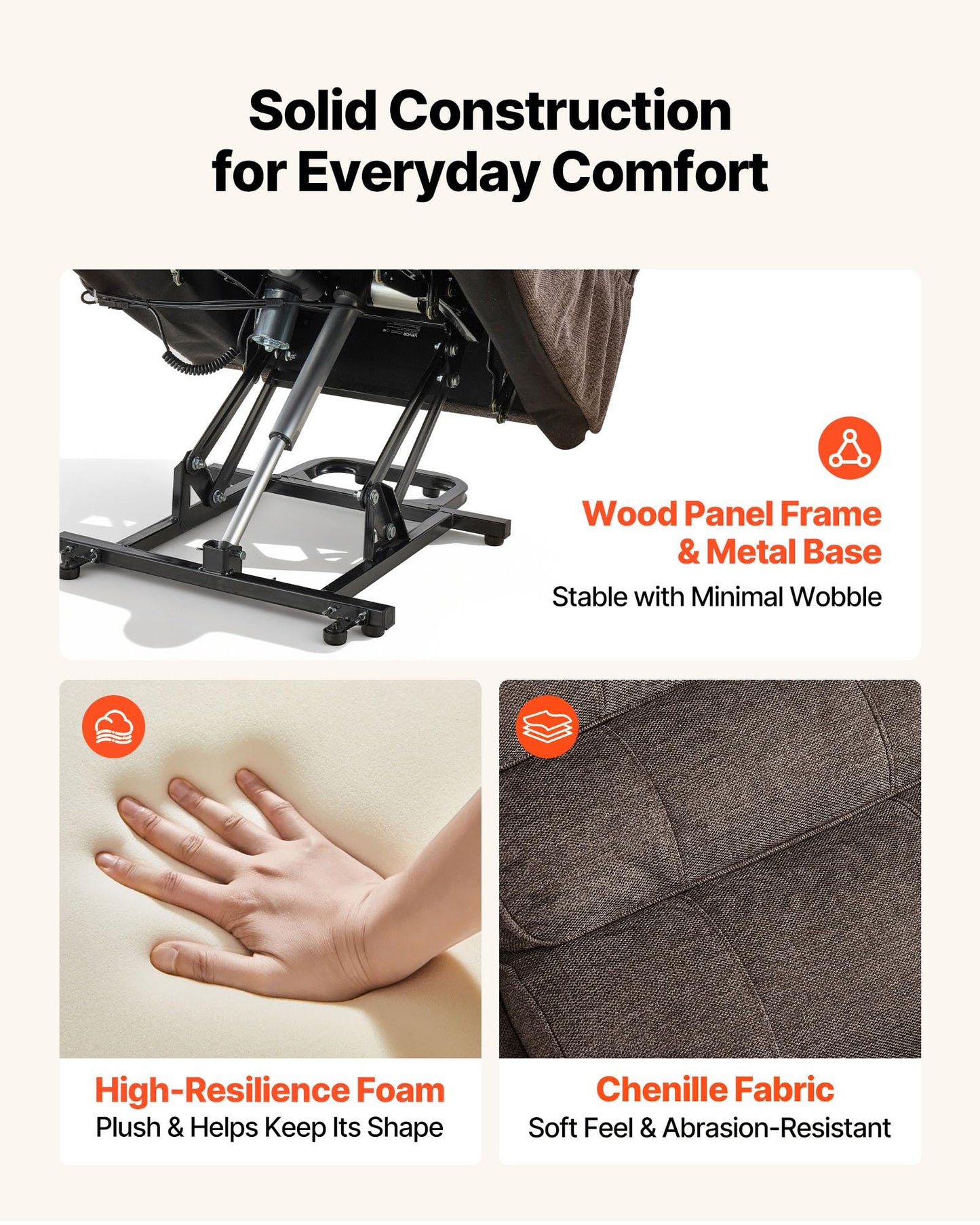 VEVOR Power Lift Recliner Chair, Dual Motor Lift Chair with Heat and Massage for Elderly, Position Adjustable, Remote Control, with Side Pockets, Chenille Fabric, Brown