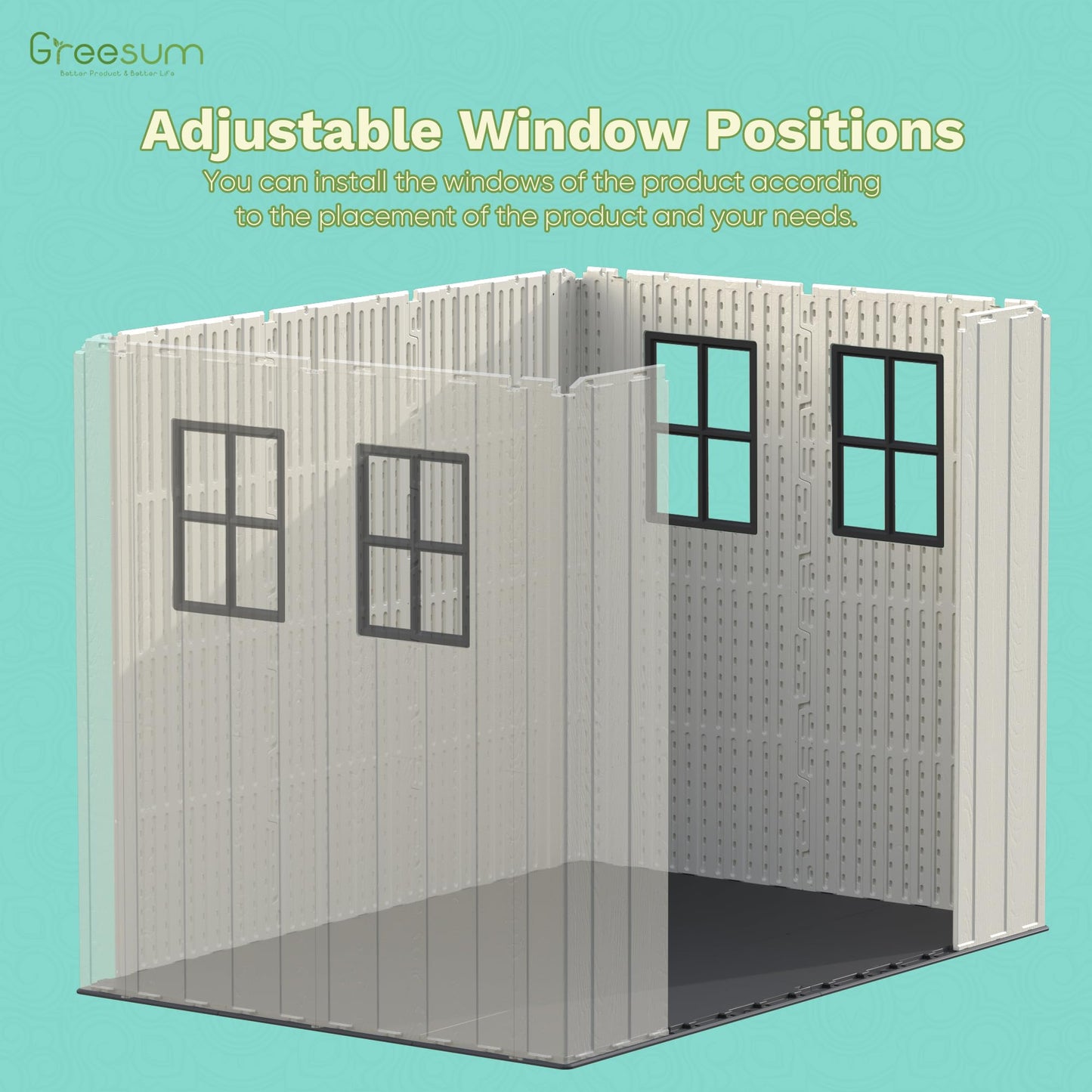 Greesum 8×8 FT Plastic Outdoor Storage Shed with Floor, Resin Sheds with Window and Lockable Door, Weather Resistant, Easy Assemble for Garden, Lawn, Backyard, Beige