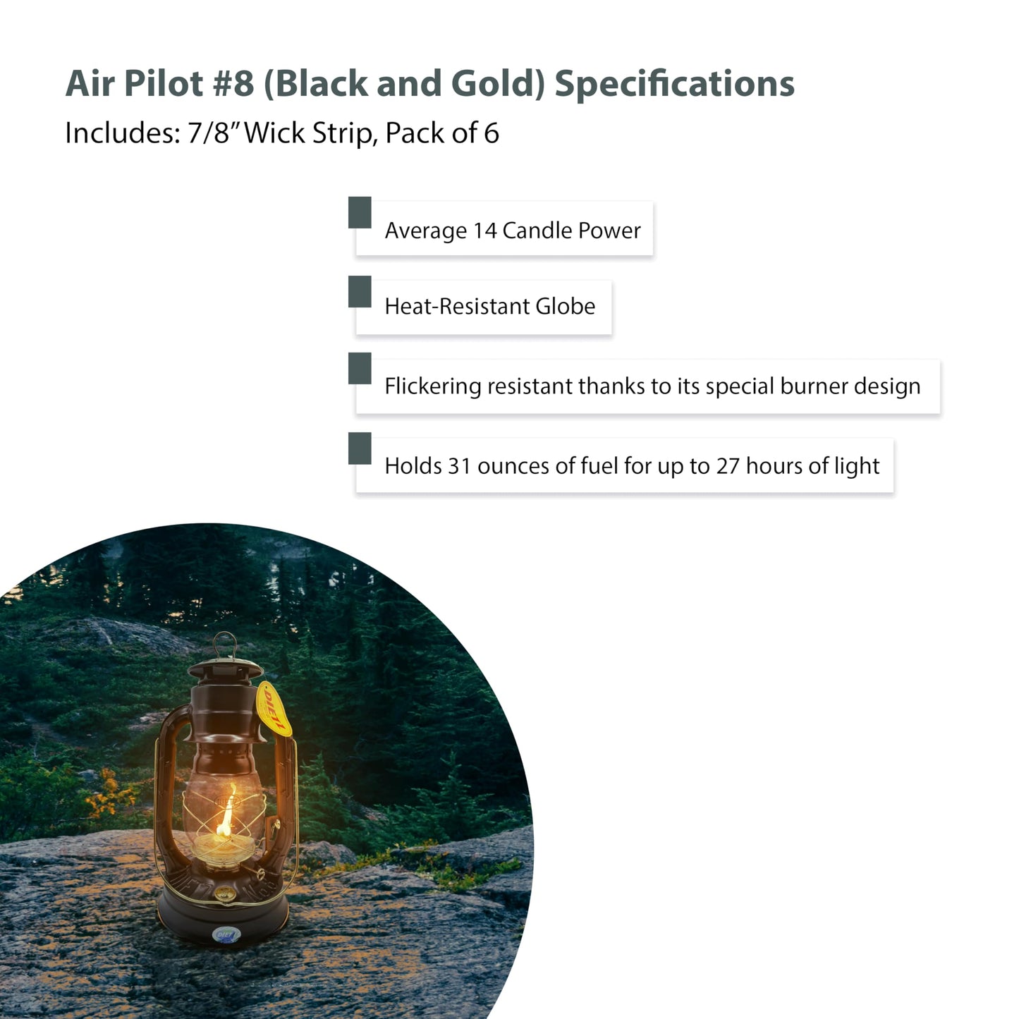 LIGHT OF MINE Oil Lantern - Dietz #08 Air Pilot, Black with Gold Trim, Metal, Replacement Wick Strips Included