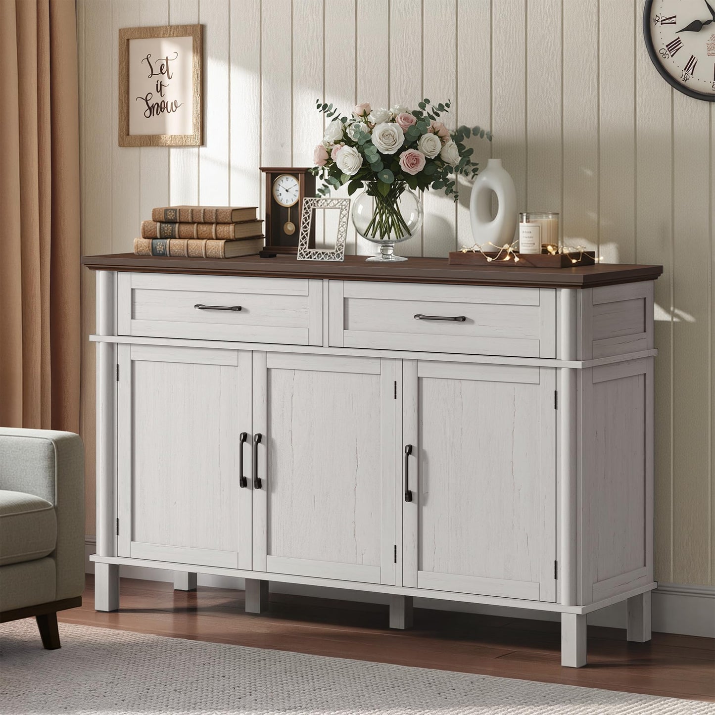 55 Inches Sideboard Buffet Cabinet with Storage, Farmhouse Sideboard Buffet w/2 Drawers and 3 Doors, Wood Kitchen Console Table with Adjustable Shelf, for Living Room, Hallway, Off White