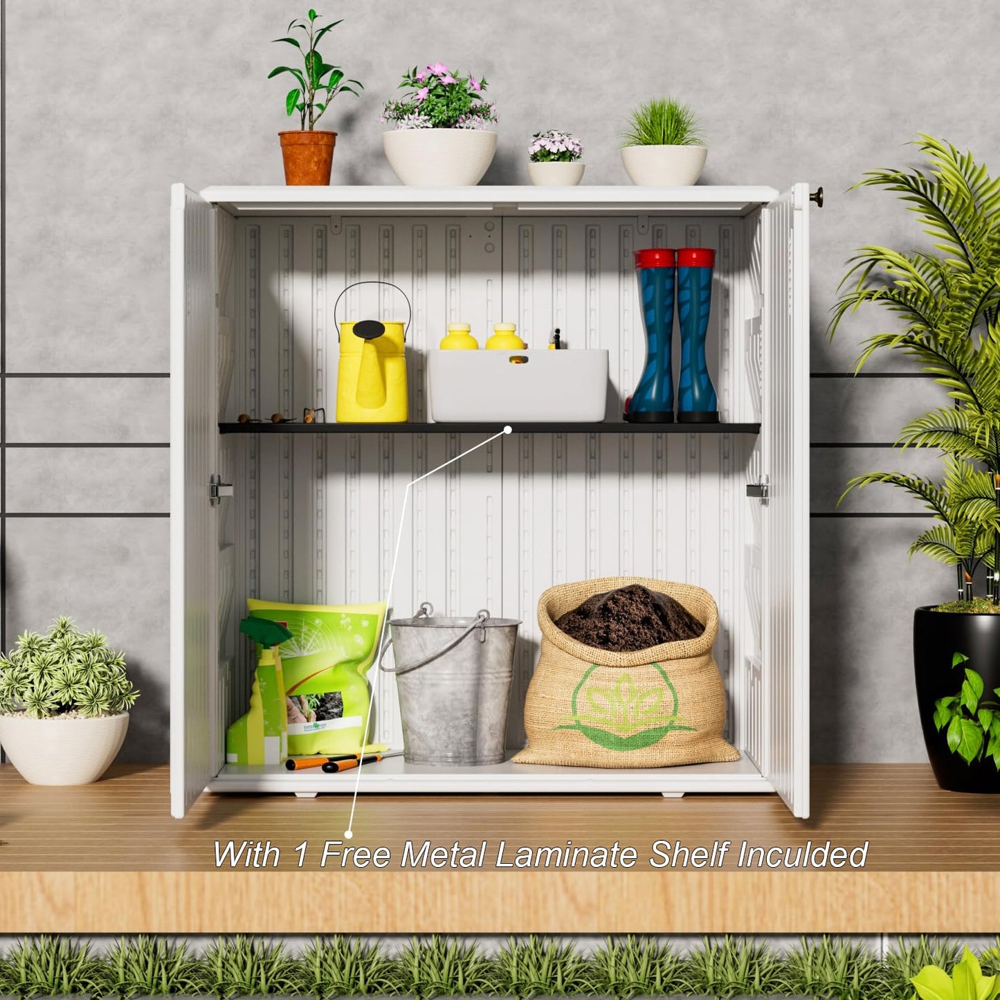 HOMSPARK Indoor/Outdoor Storage Cabinet with Doors and Shelf, 34”x15”x36” HDPE Plastic Storage Box Waterproof for Patio, Garden, Balcony, Multi-Purpose for Daily Tools, White