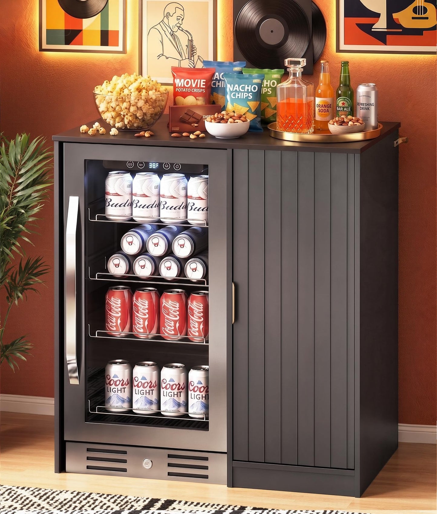 Lamtor Mini Fridge Cabinet with Storage - Snack Bar Cabinet with Power Outlet, Fluted Coffee Bar with Mini Fridge Space for Home Theater,Game Room,Living Room, Black